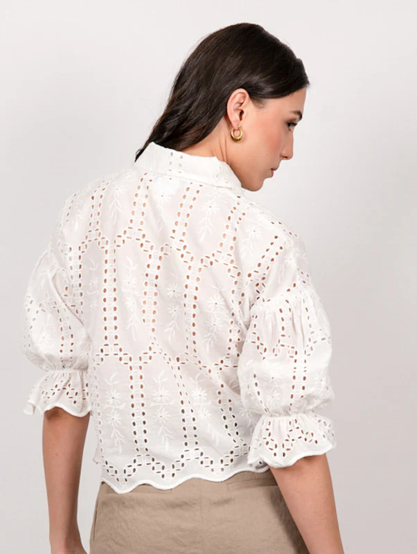 Women white schiffli embrioded shirt - Image 2