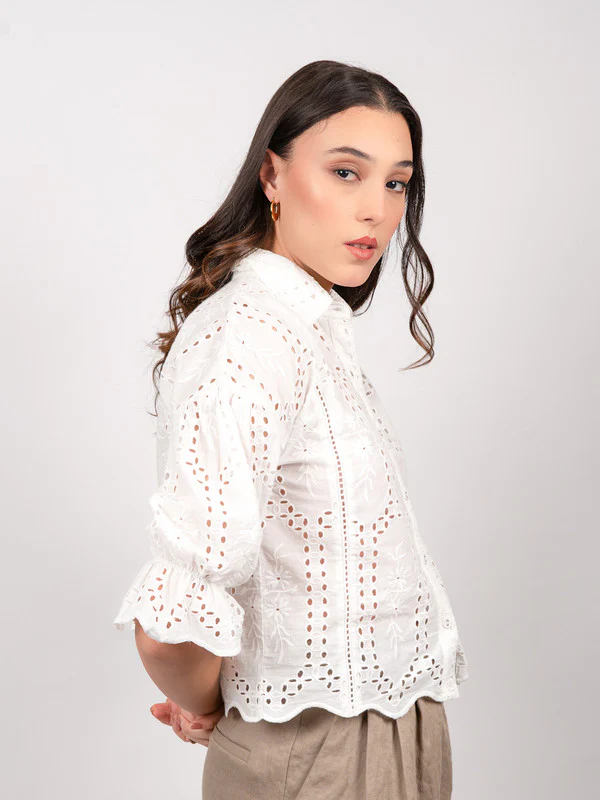 Women white schiffli embrioded shirt - Image 3