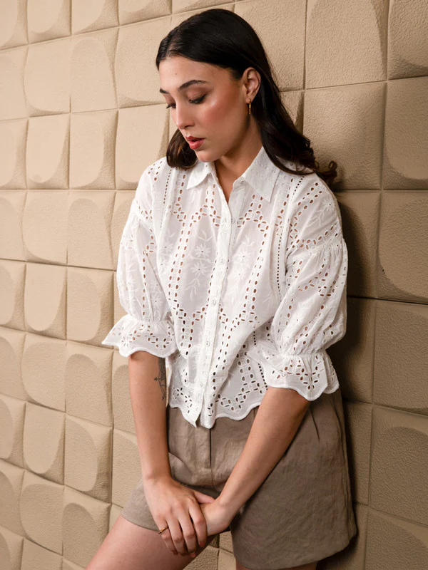 Women white schiffli embrioded shirt - Image 6