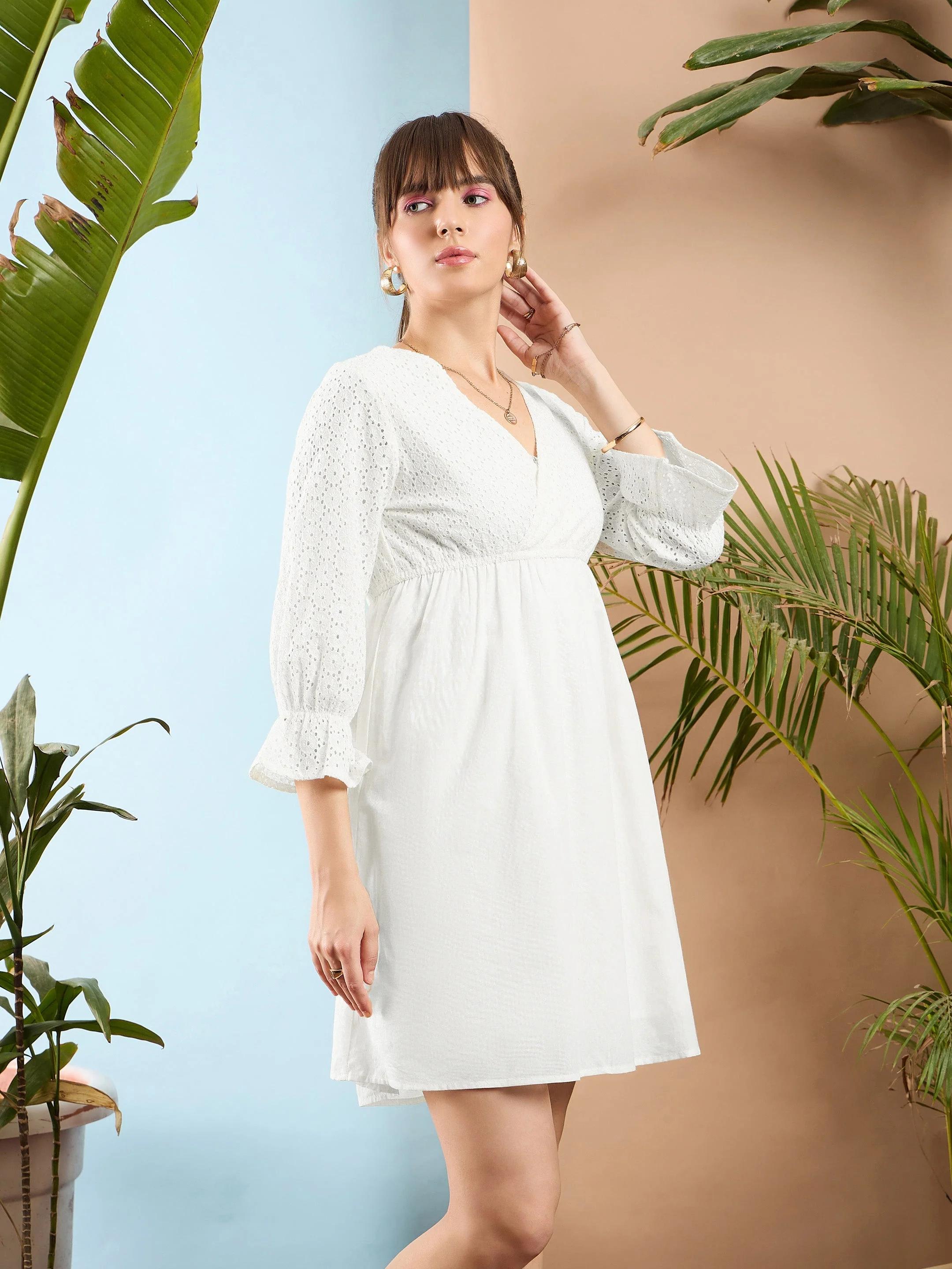 Women White Schiffli Shift Dress - Image 3