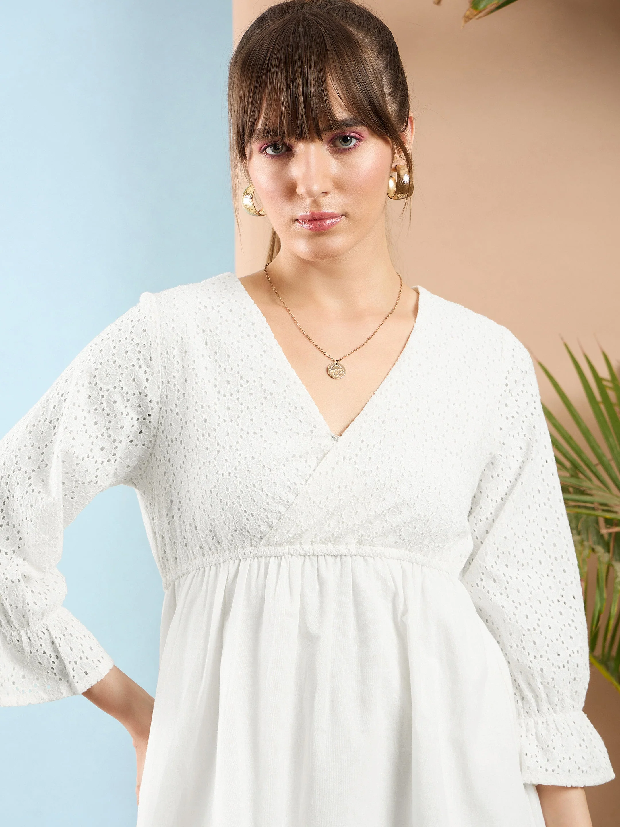 Women White Schiffli Shift Dress - Image 4