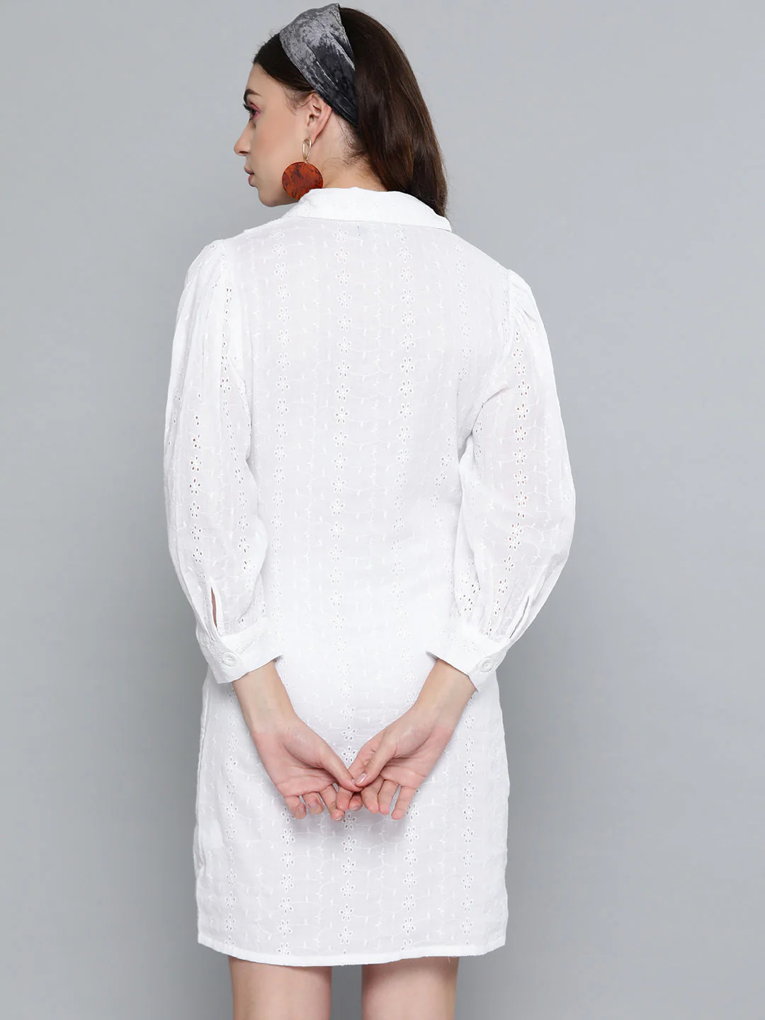 Women White Schiffli Shirt Dress - Image 4