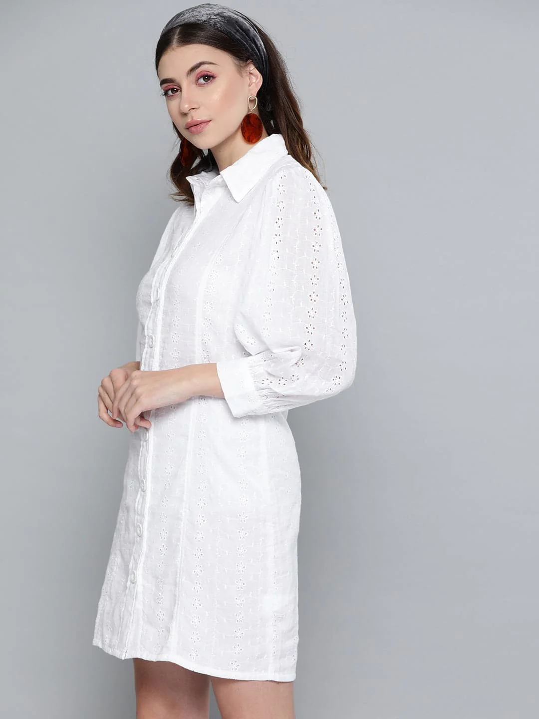 Women White Schiffli Shirt Dress - Image 6