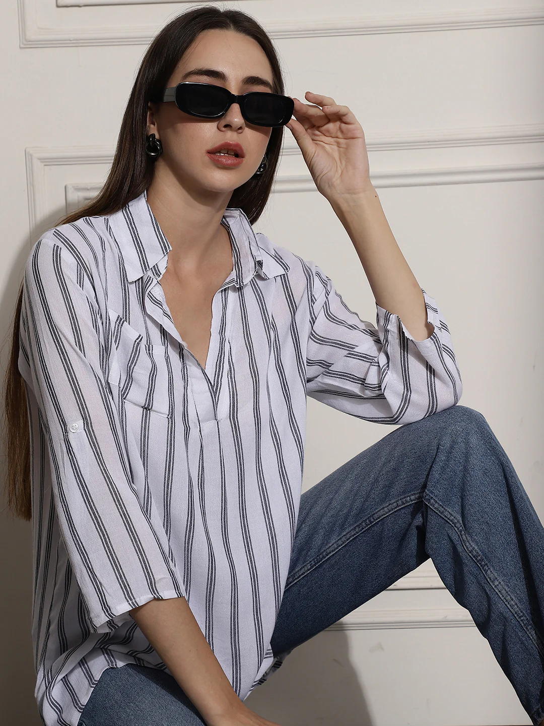 Women White Striped Regular Fit Top - Image 2