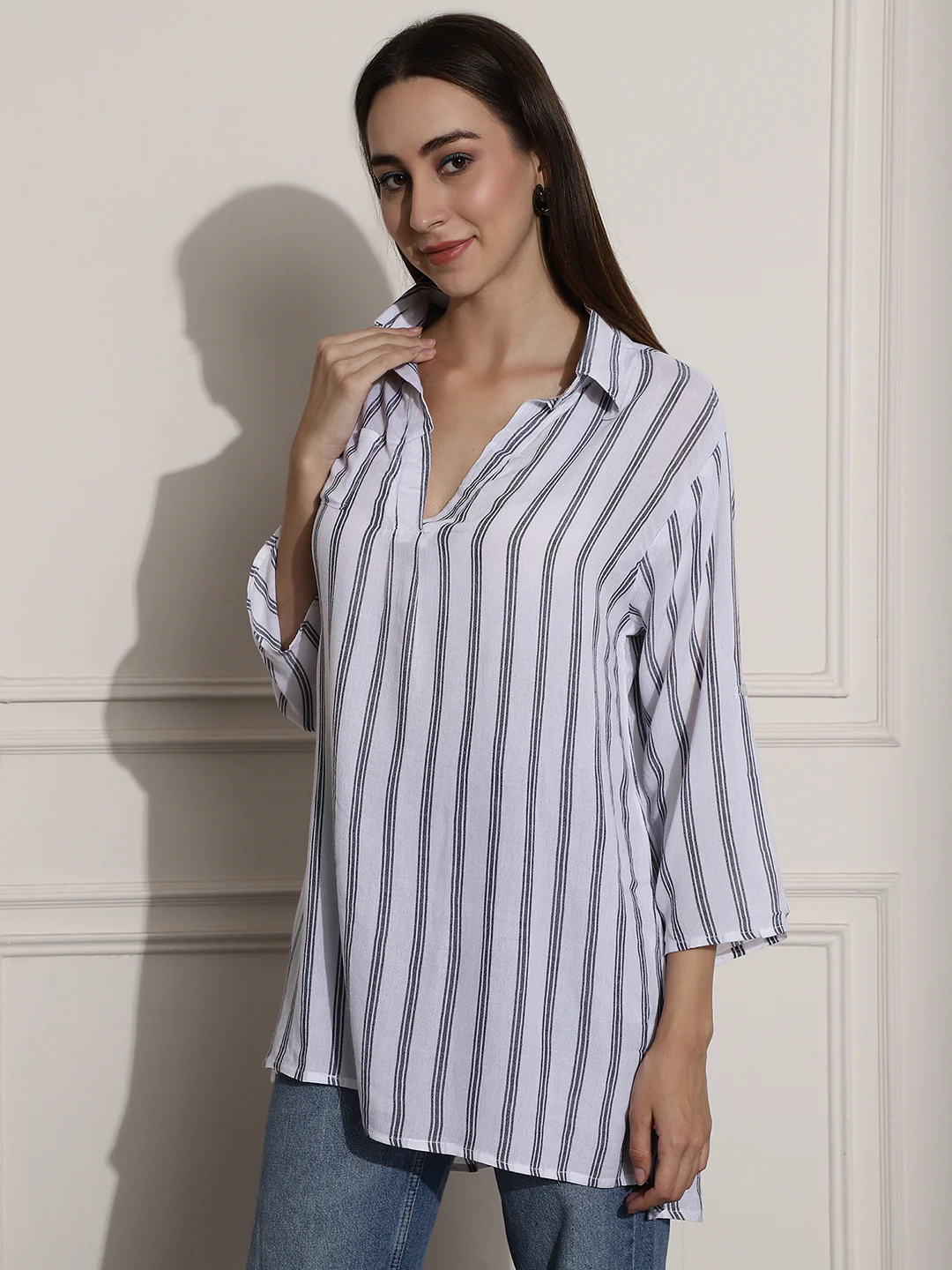 Women White Striped Regular Fit Top - Image 3