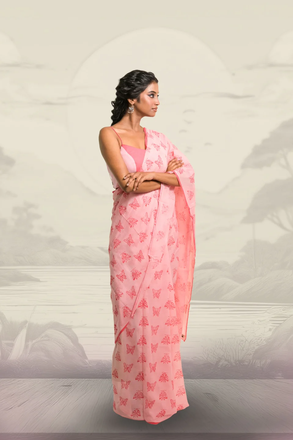 Winx Club Baby Pink Handloom Mul Cotton Saree with Handblock-Printed Butterfly Motifs - Image 2