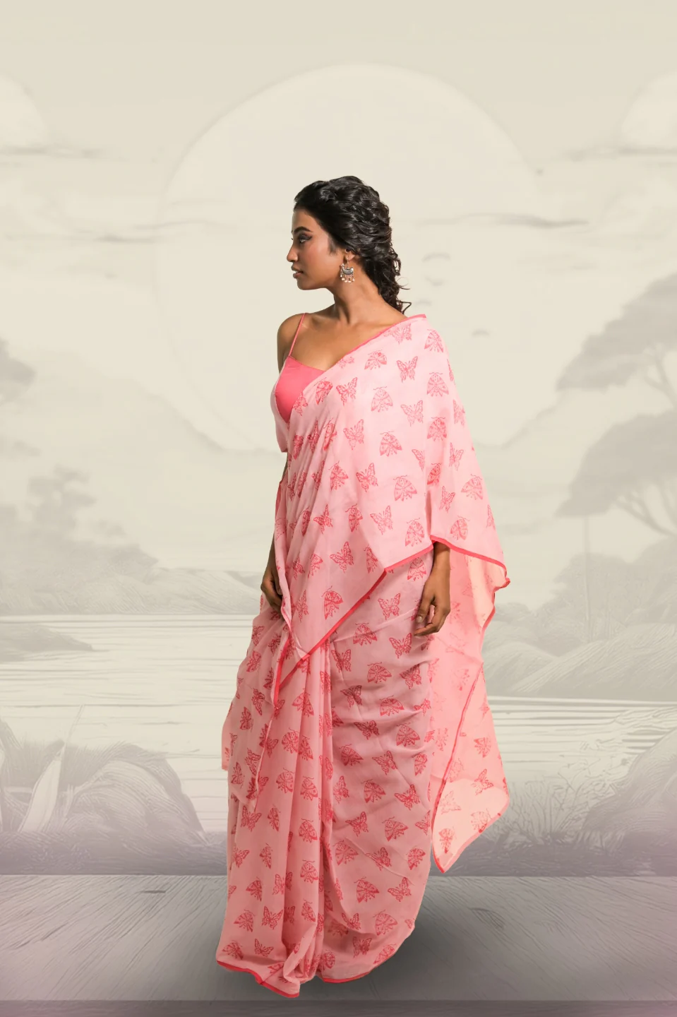 Winx Club Baby Pink Handloom Mul Cotton Saree with Handblock-Printed Butterfly Motifs - Image 3