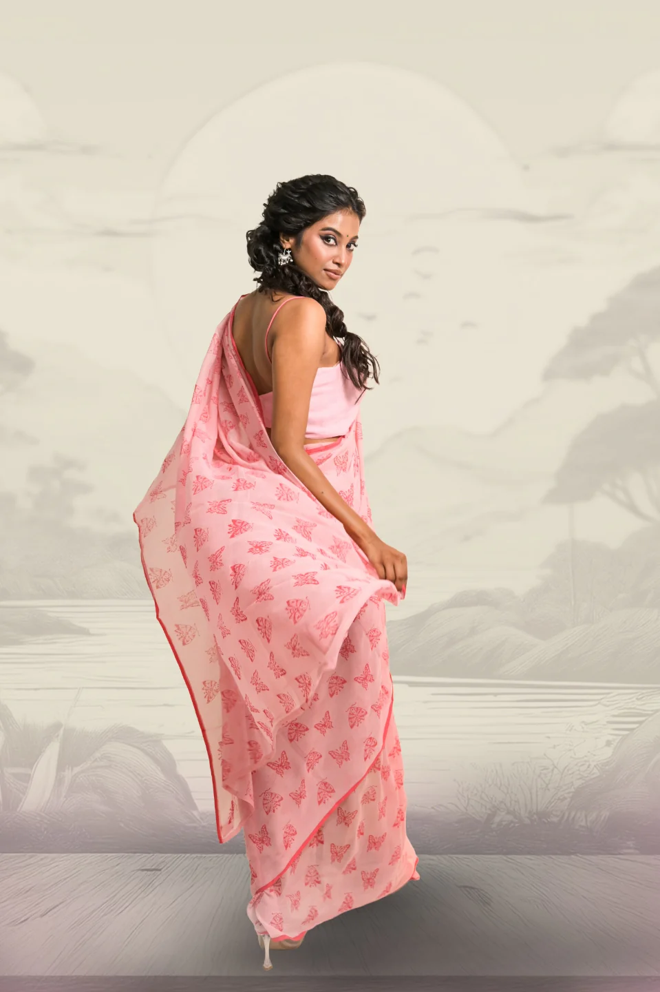 Winx Club Baby Pink Handloom Mul Cotton Saree with Handblock-Printed Butterfly Motifs - Image 4