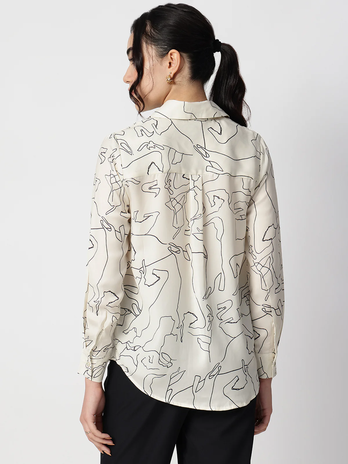 Women Abstract Beige Satin Collar Shirt - Image 2