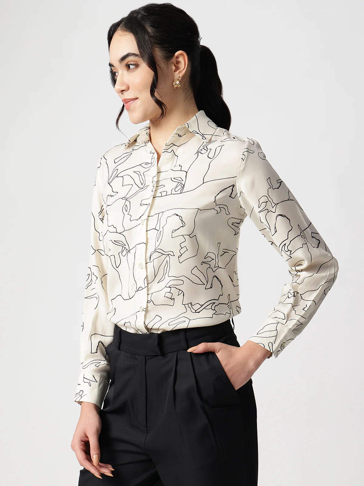 Women Abstract Beige Satin Collar Shirt - Image 3