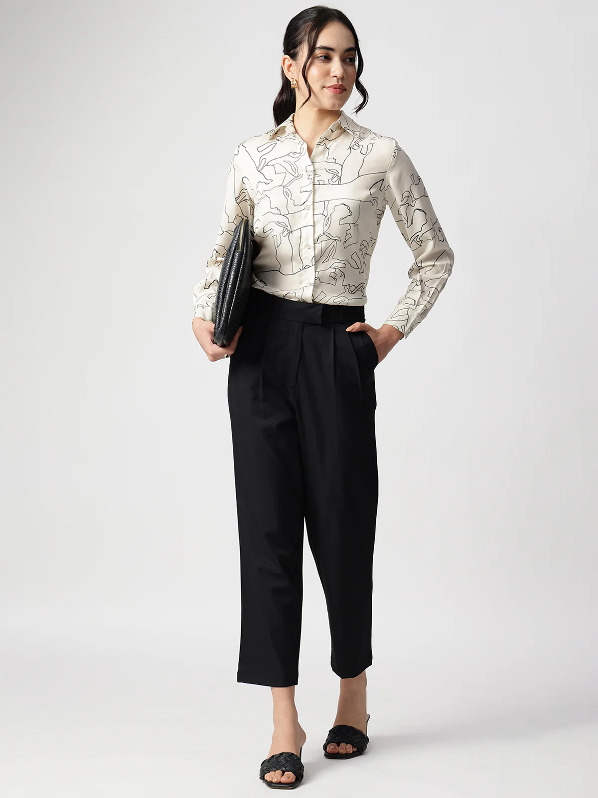 Women Abstract Beige Satin Collar Shirt - Image 5