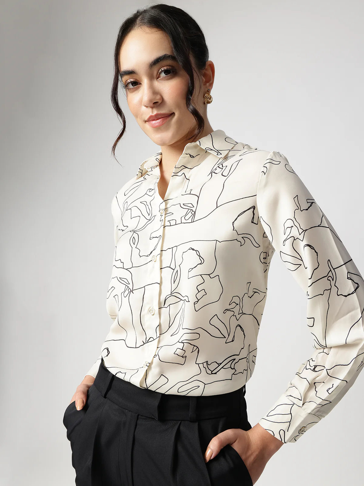Women Abstract Beige Satin Collar Shirt - Image 6