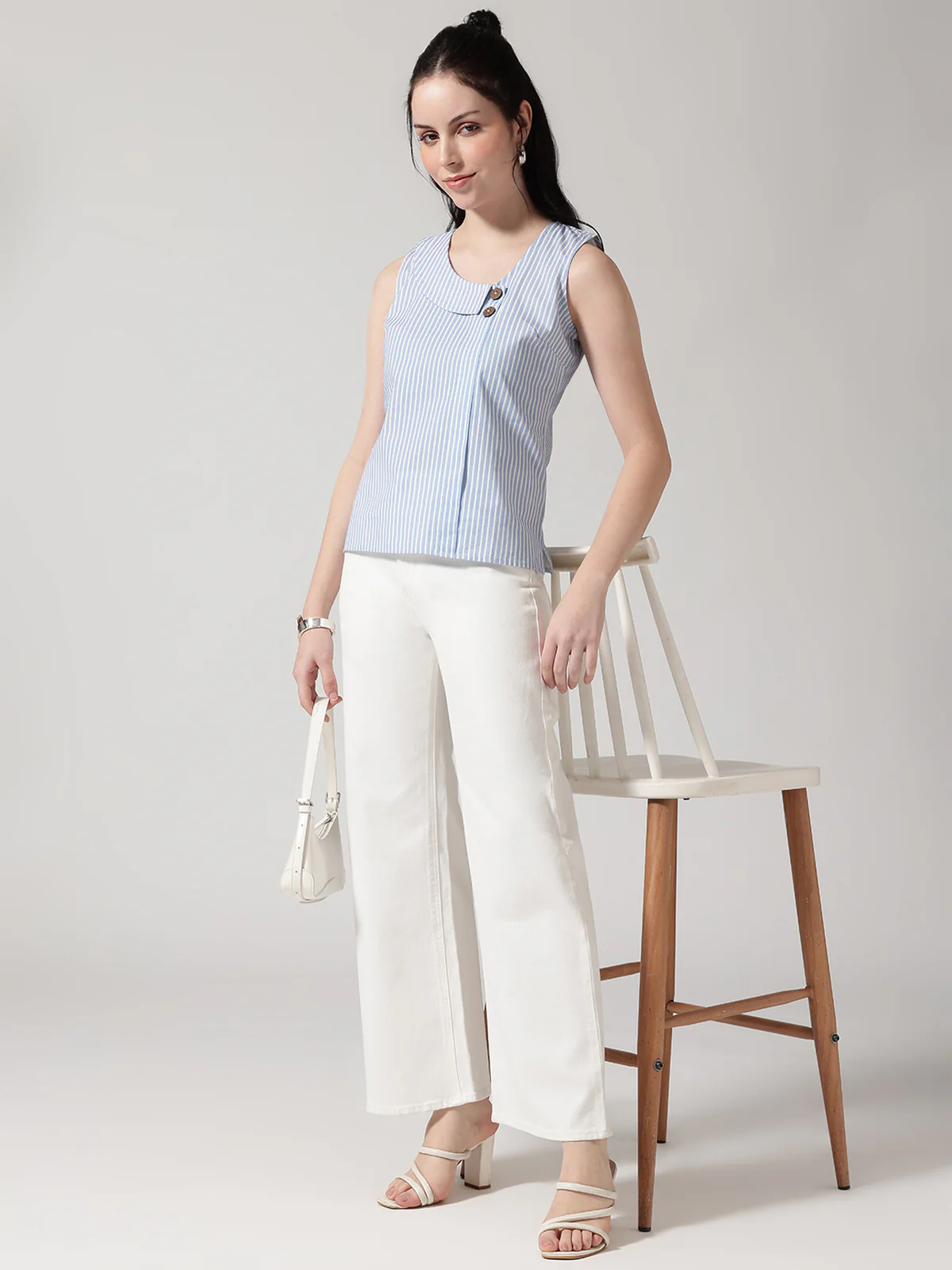 Women Asymmetrical Collar Casual Sleeveless Stripe Top - Image 2