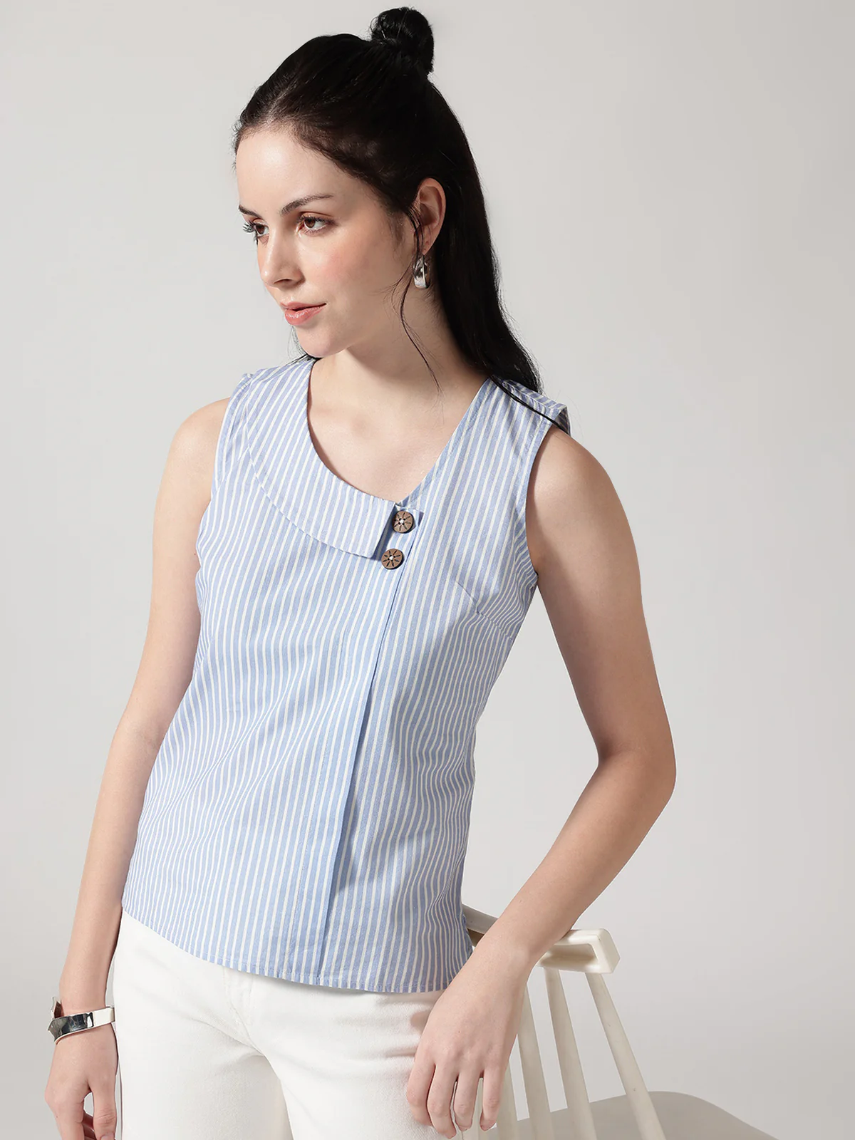 Women Asymmetrical Collar Casual Sleeveless Stripe Top - Image 3