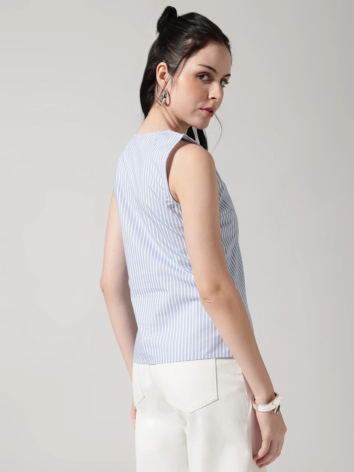 Women Asymmetrical Collar Casual Sleeveless Stripe Top - Image 4