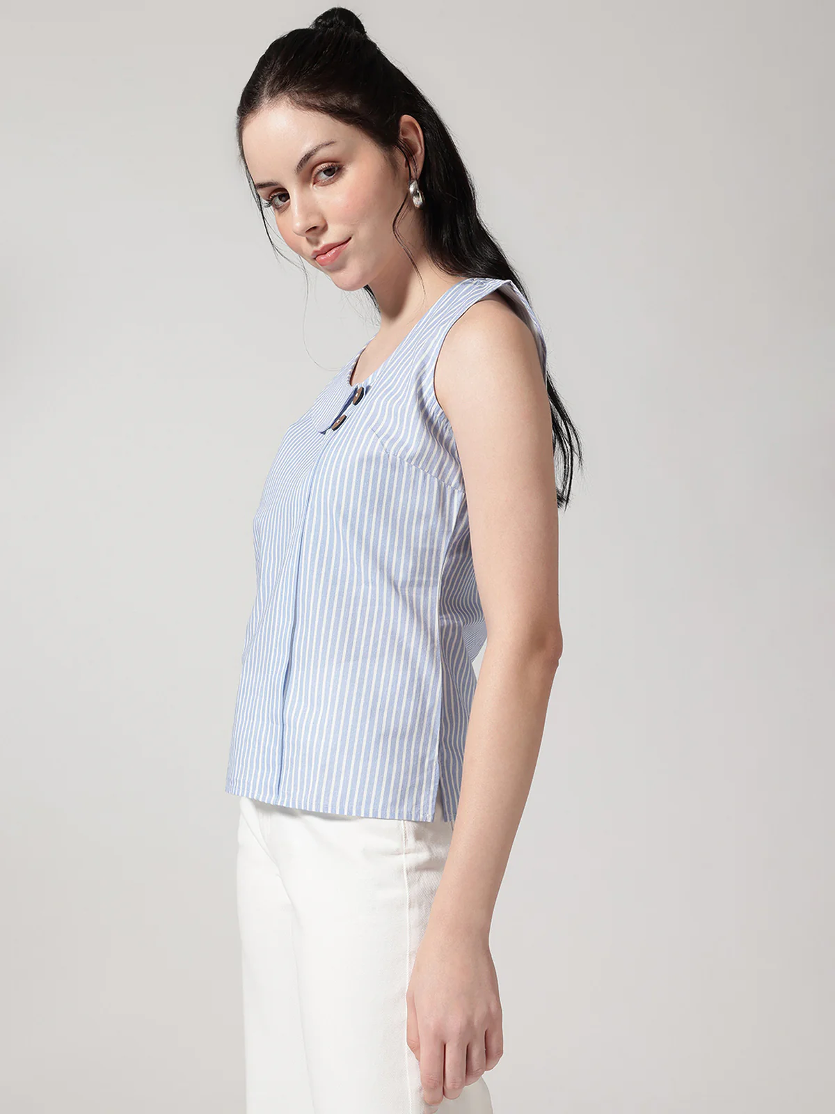 Women Asymmetrical Collar Casual Sleeveless Stripe Top - Image 6