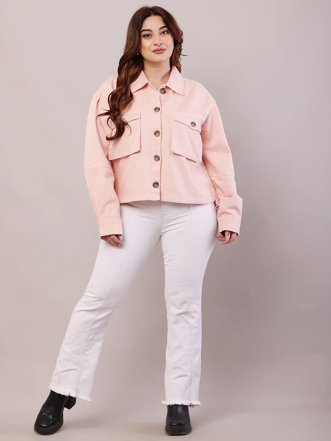 Women Baby Pink Cotton Shirt Collar Jacket - Image 3