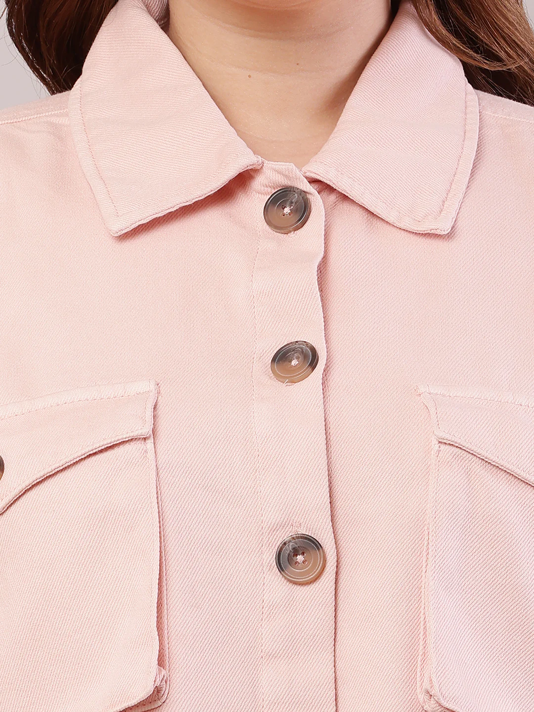 Women Baby Pink Cotton Shirt Collar Jacket - Image 5