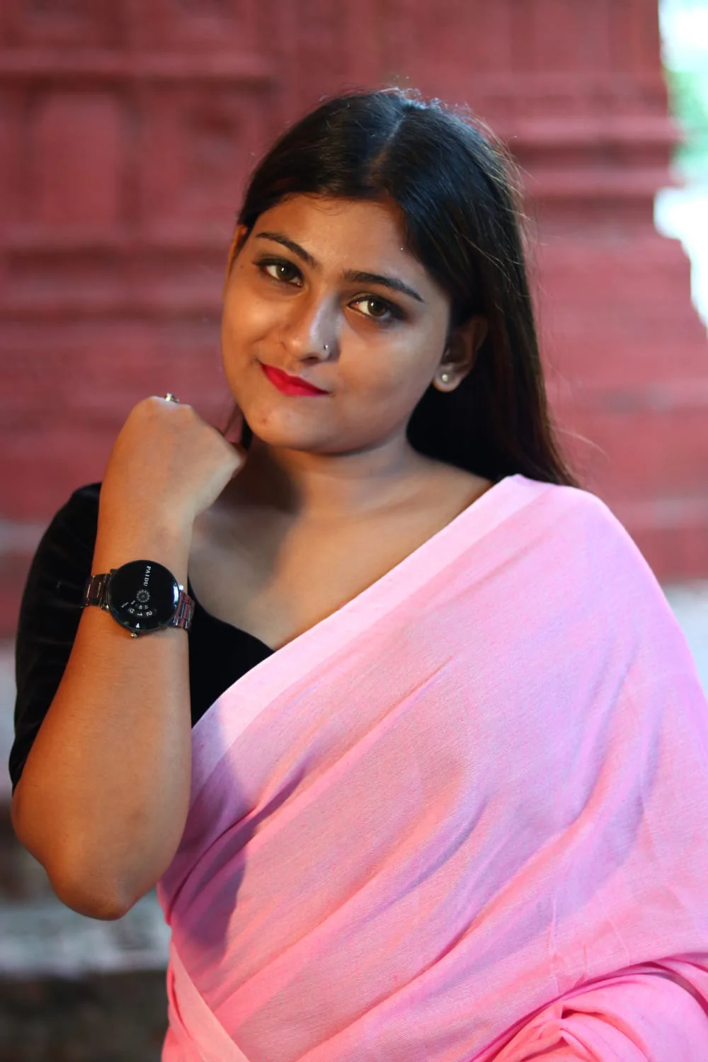 Women Baby Pink Solid Cotton Saree - Image 5
