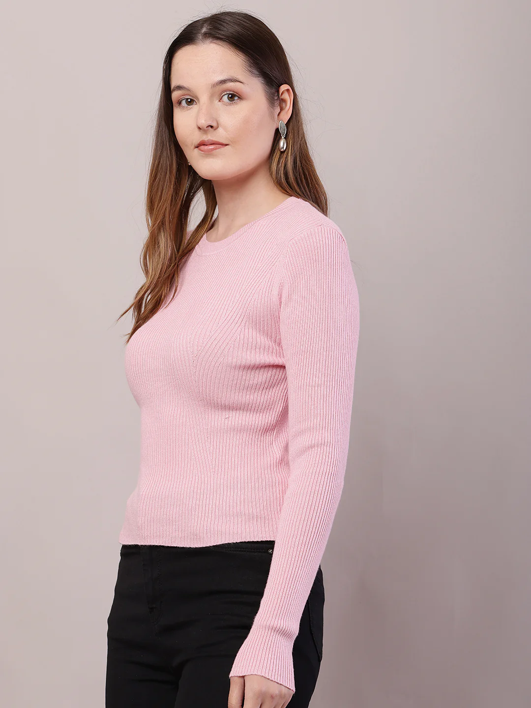 Women Baby Pink Viscose Full Sleeve Sweater - Image 2