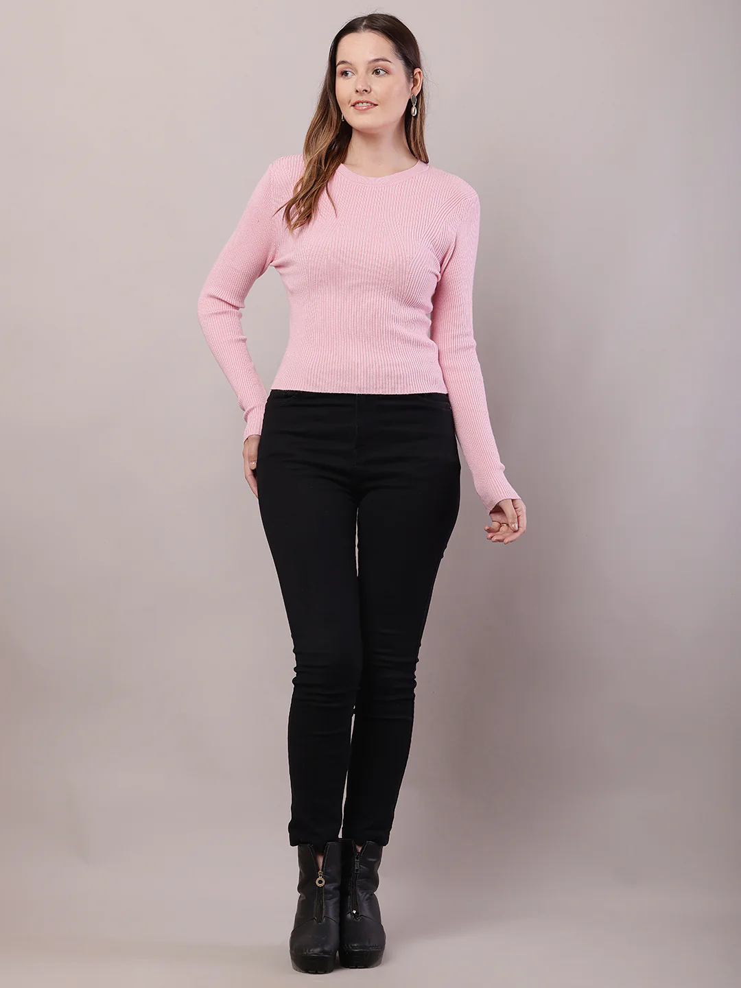 Women Baby Pink Viscose Full Sleeve Sweater - Image 3