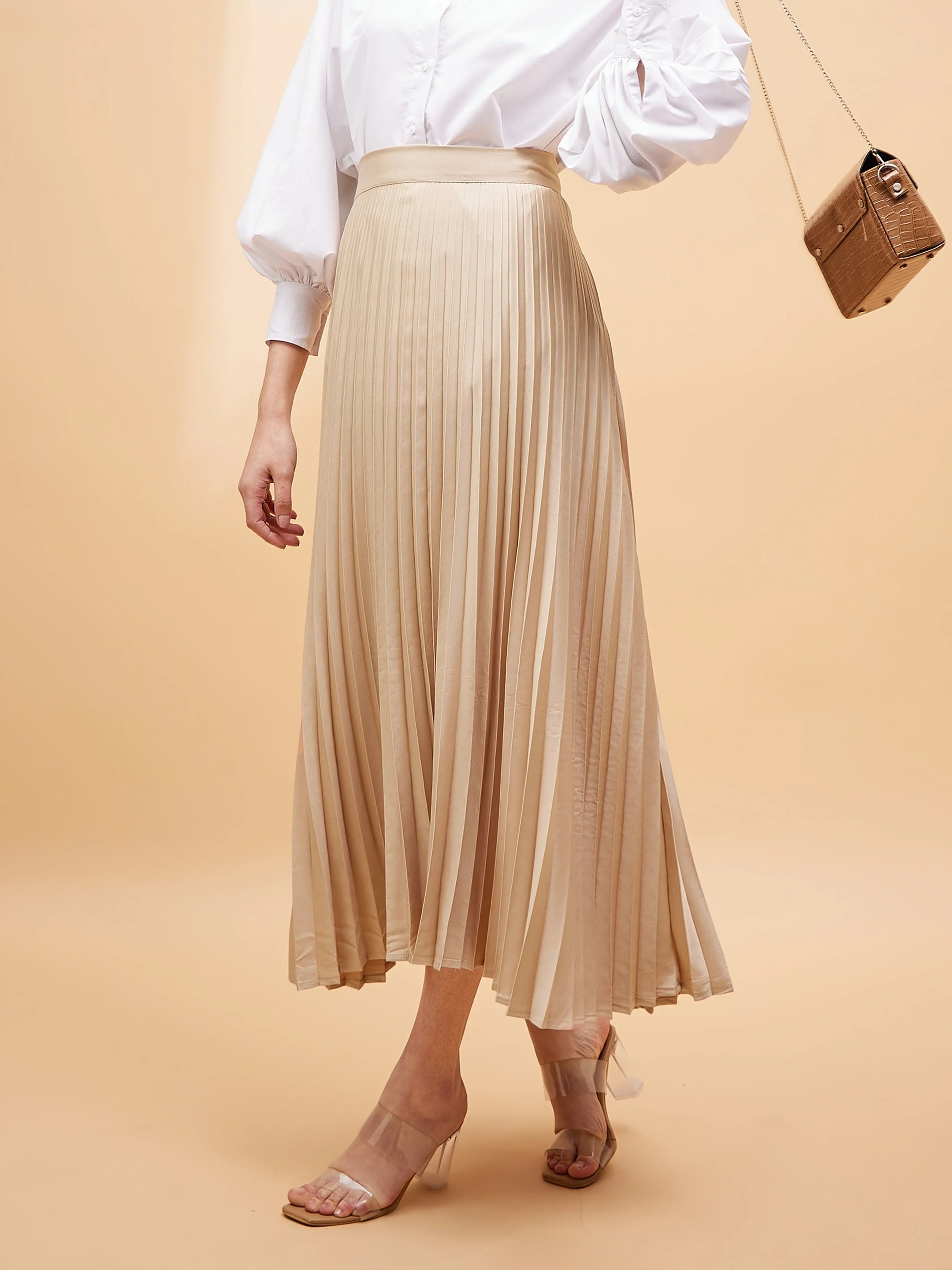 Women Beige Accordion Pleated Belted Midi Skirt - Image 3
