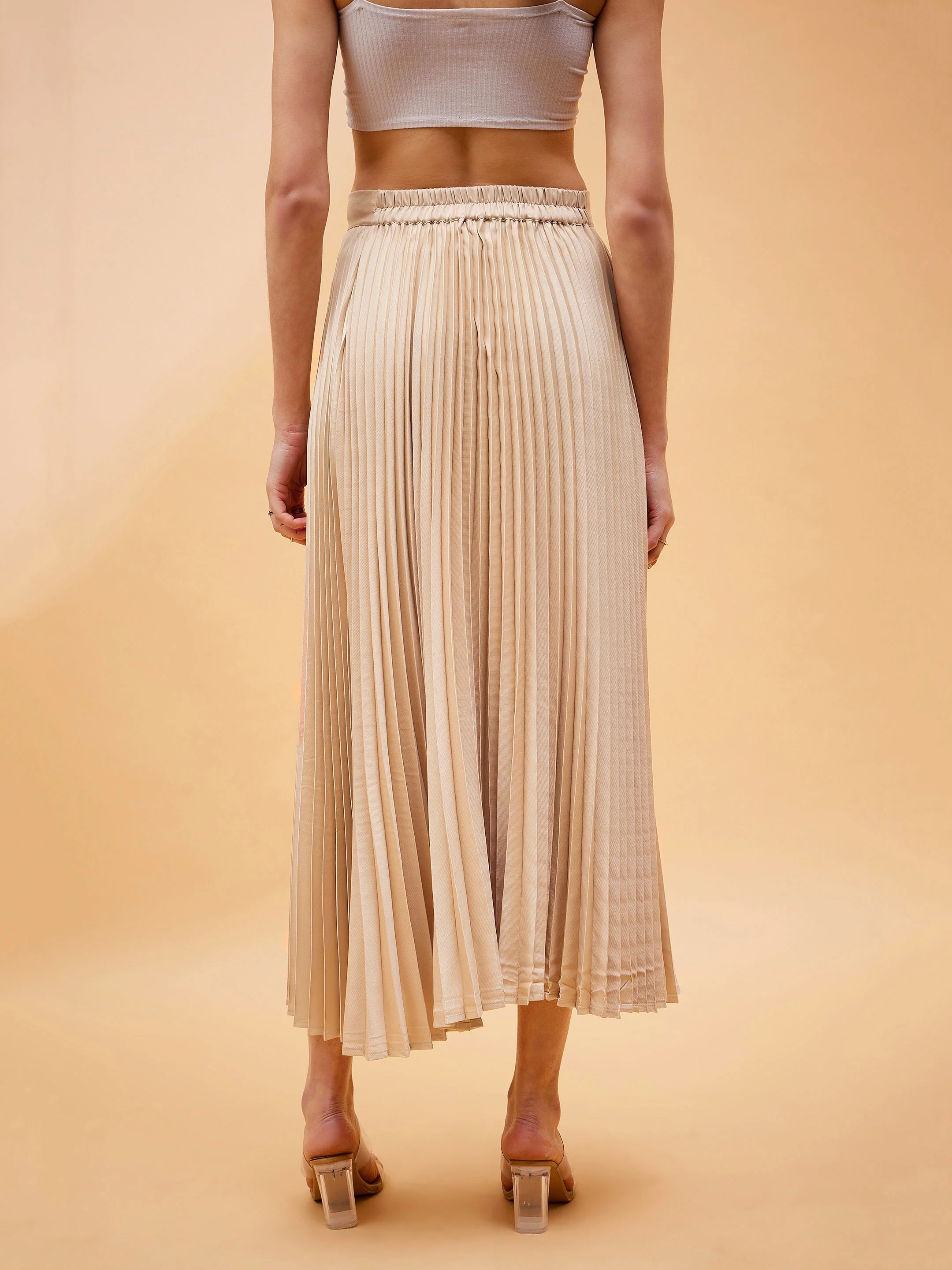 Women Beige Accordion Pleated Belted Midi Skirt - Image 5