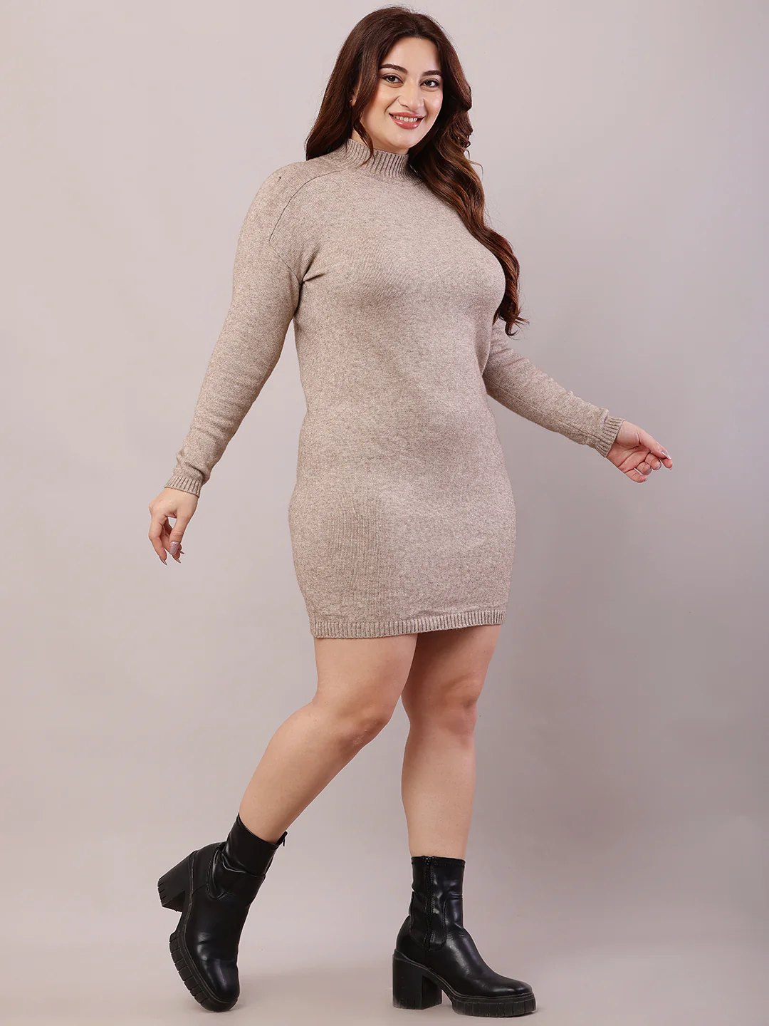 Women Beige Acrylic Full Sleeve Turtle Neck Bodycon Dress - Image 2