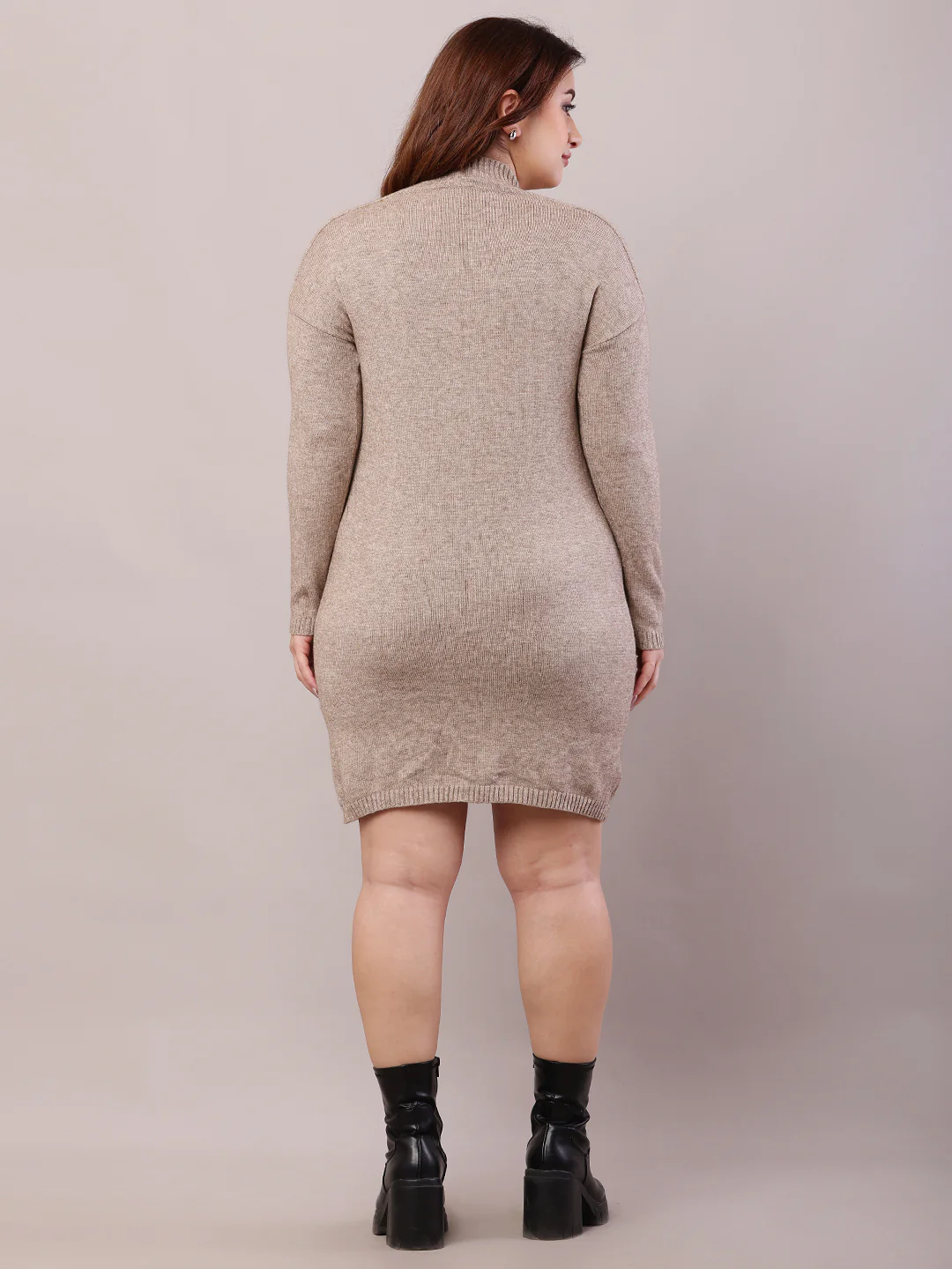 Women Beige Acrylic Full Sleeve Turtle Neck Bodycon Dress - Image 4
