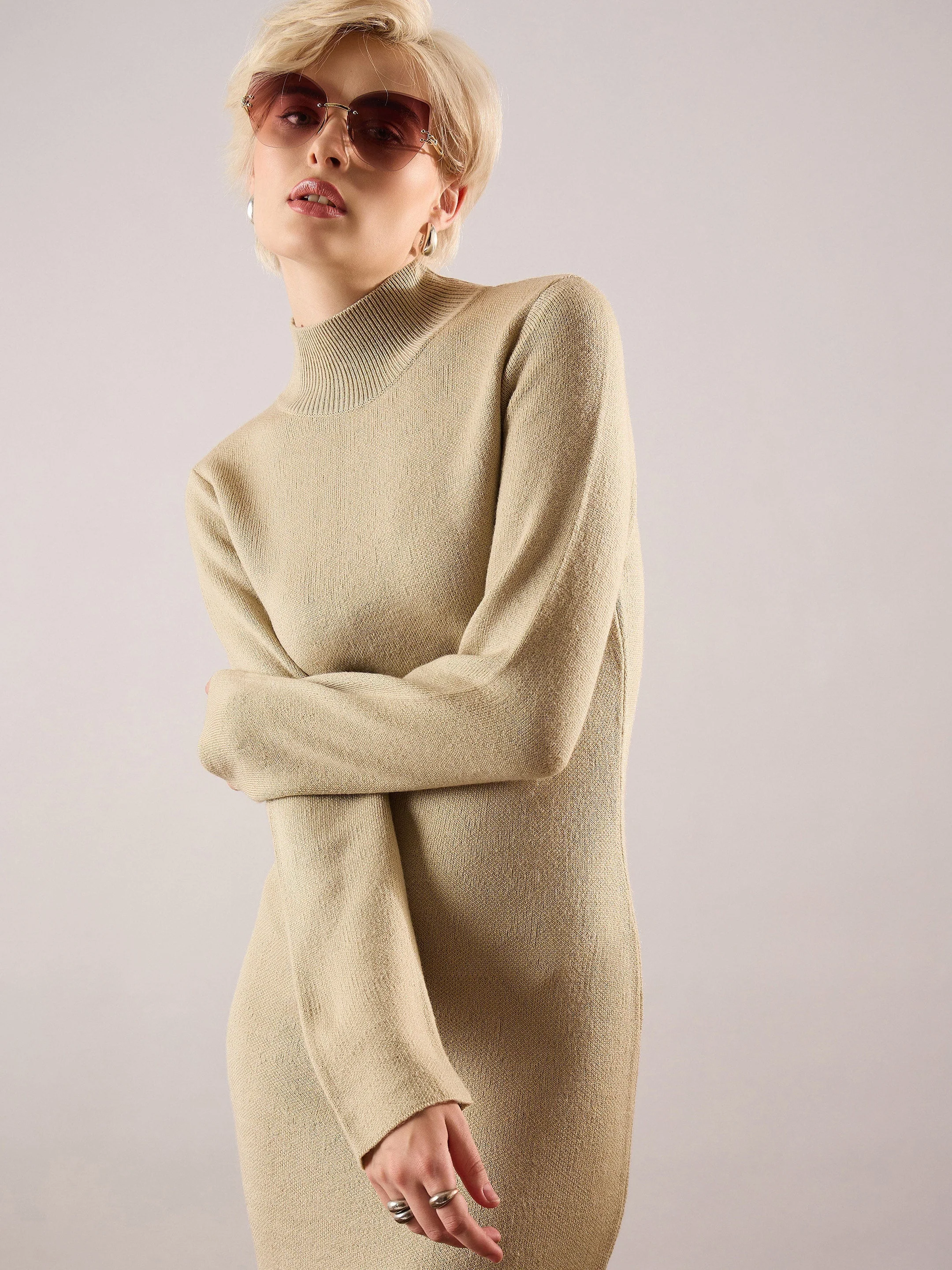 Women Beige Acrylic Wool Hem Frindge Detail Midi Dress - Image 2