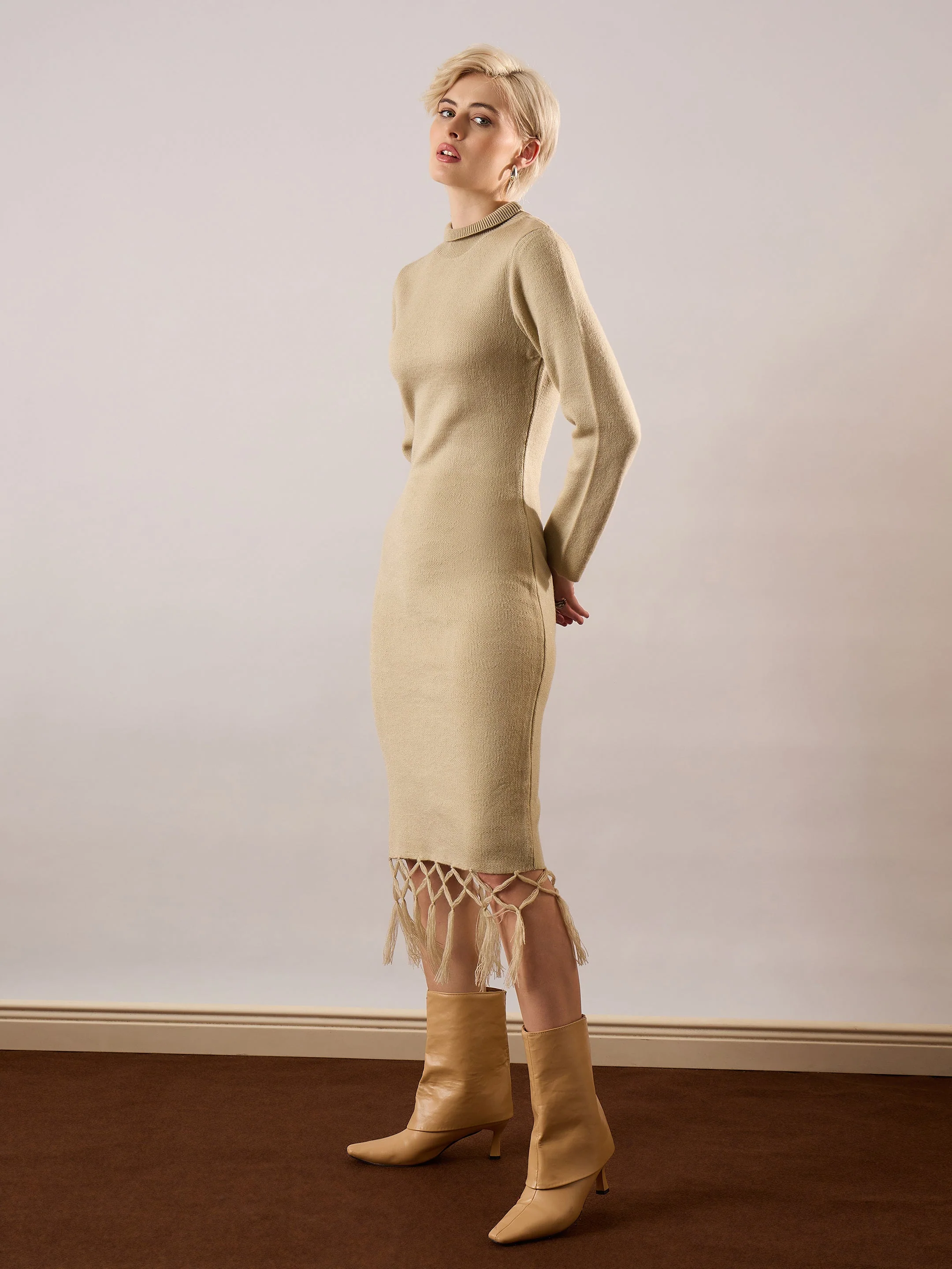 Women Beige Acrylic Wool Hem Frindge Detail Midi Dress - Image 3