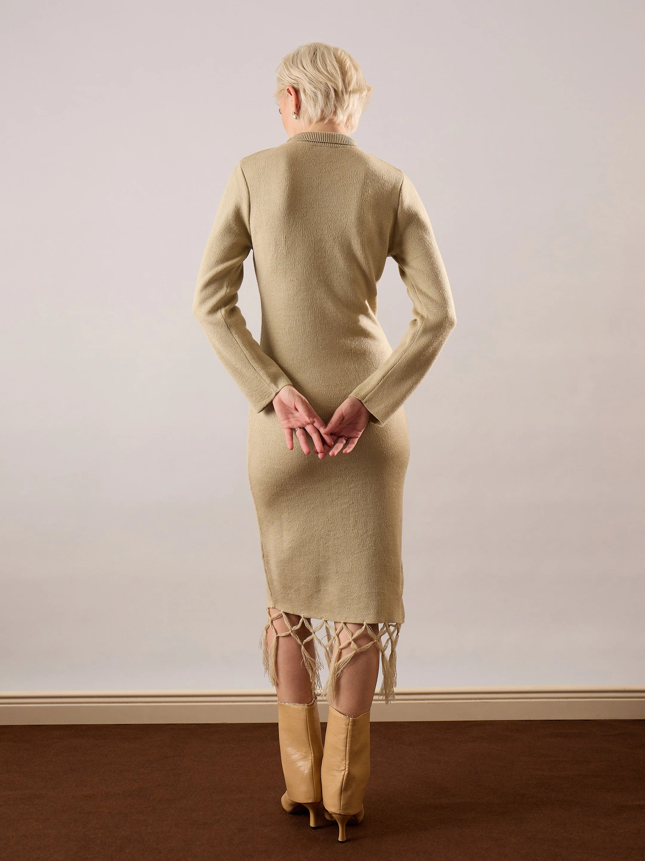 Women Beige Acrylic Wool Hem Frindge Detail Midi Dress - Image 5