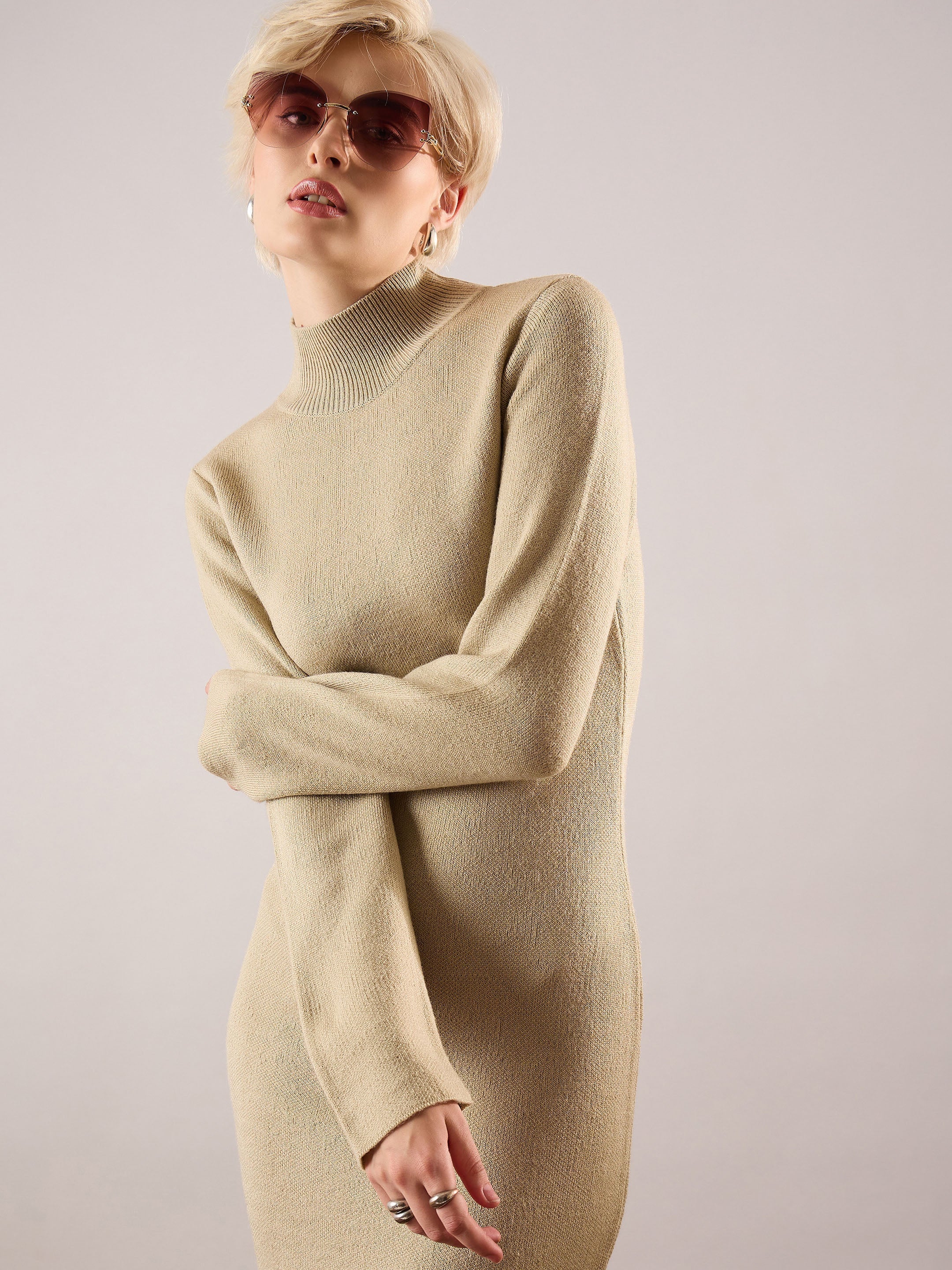 Women Beige Acrylic Wool High Neck Midi Dress - Image 2