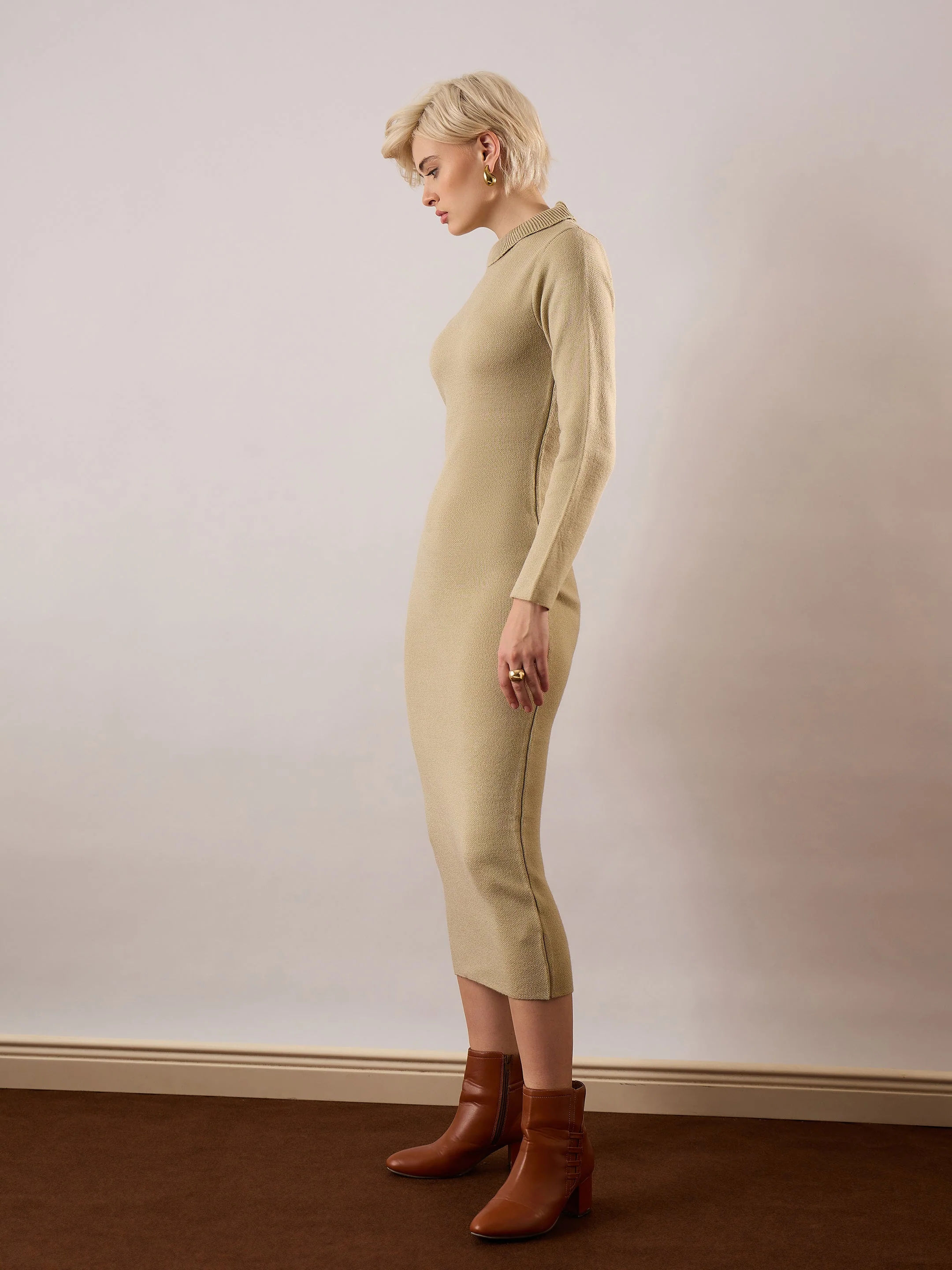 Women Beige Acrylic Wool High Neck Midi Dress - Image 3
