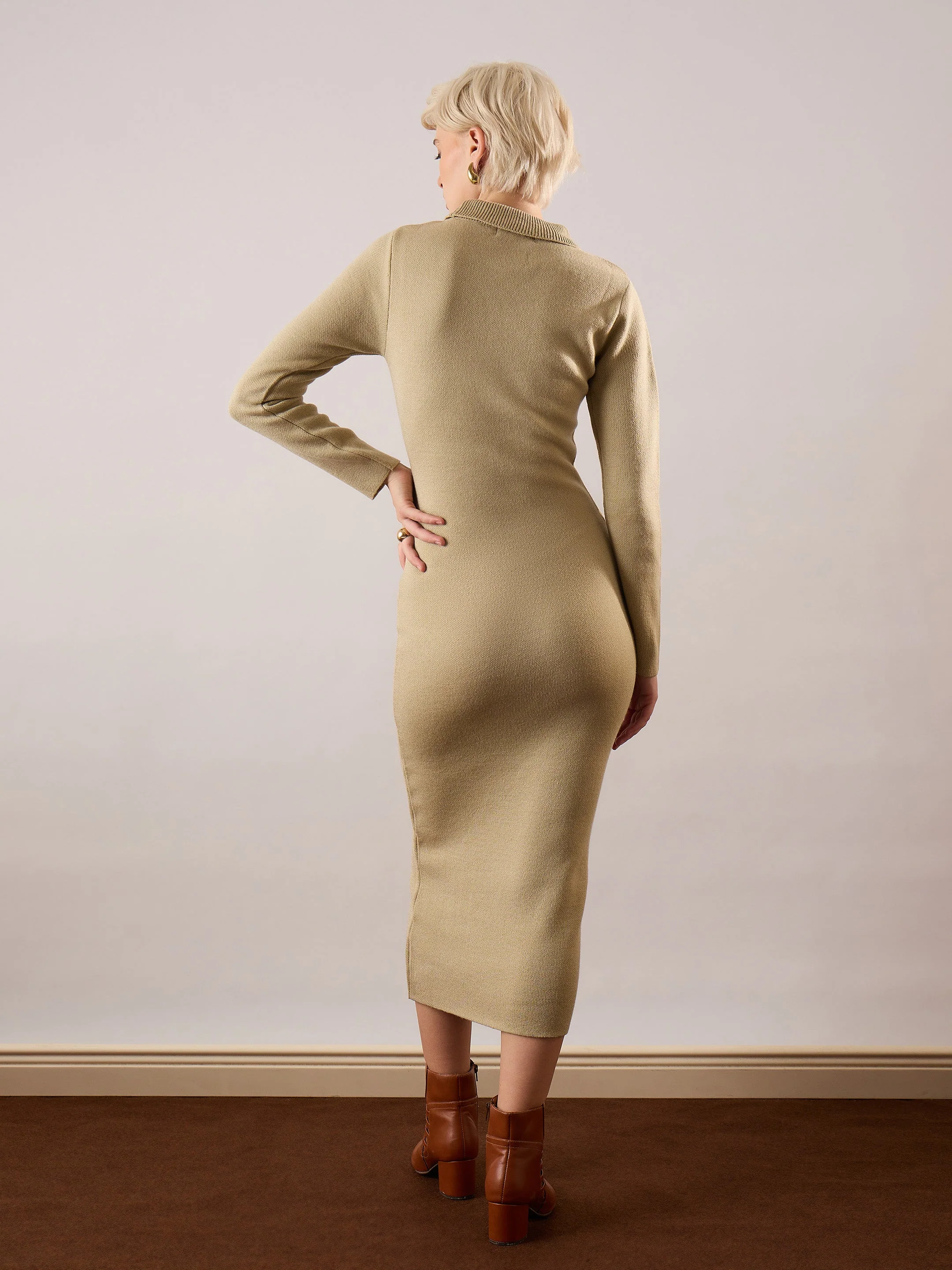 Women Beige Acrylic Wool High Neck Midi Dress - Image 5