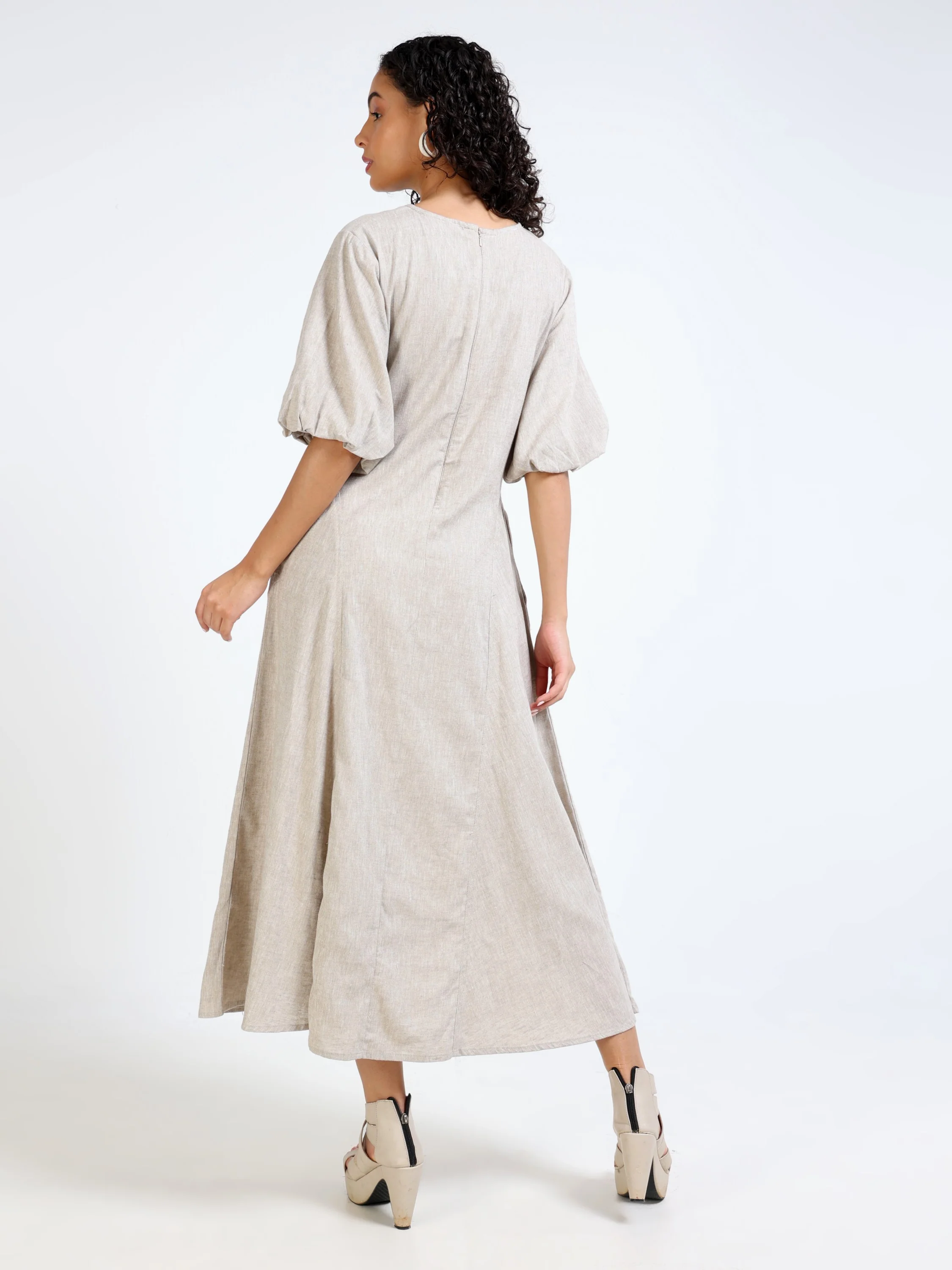 Women Beige Linen Blend Dress - Image 2