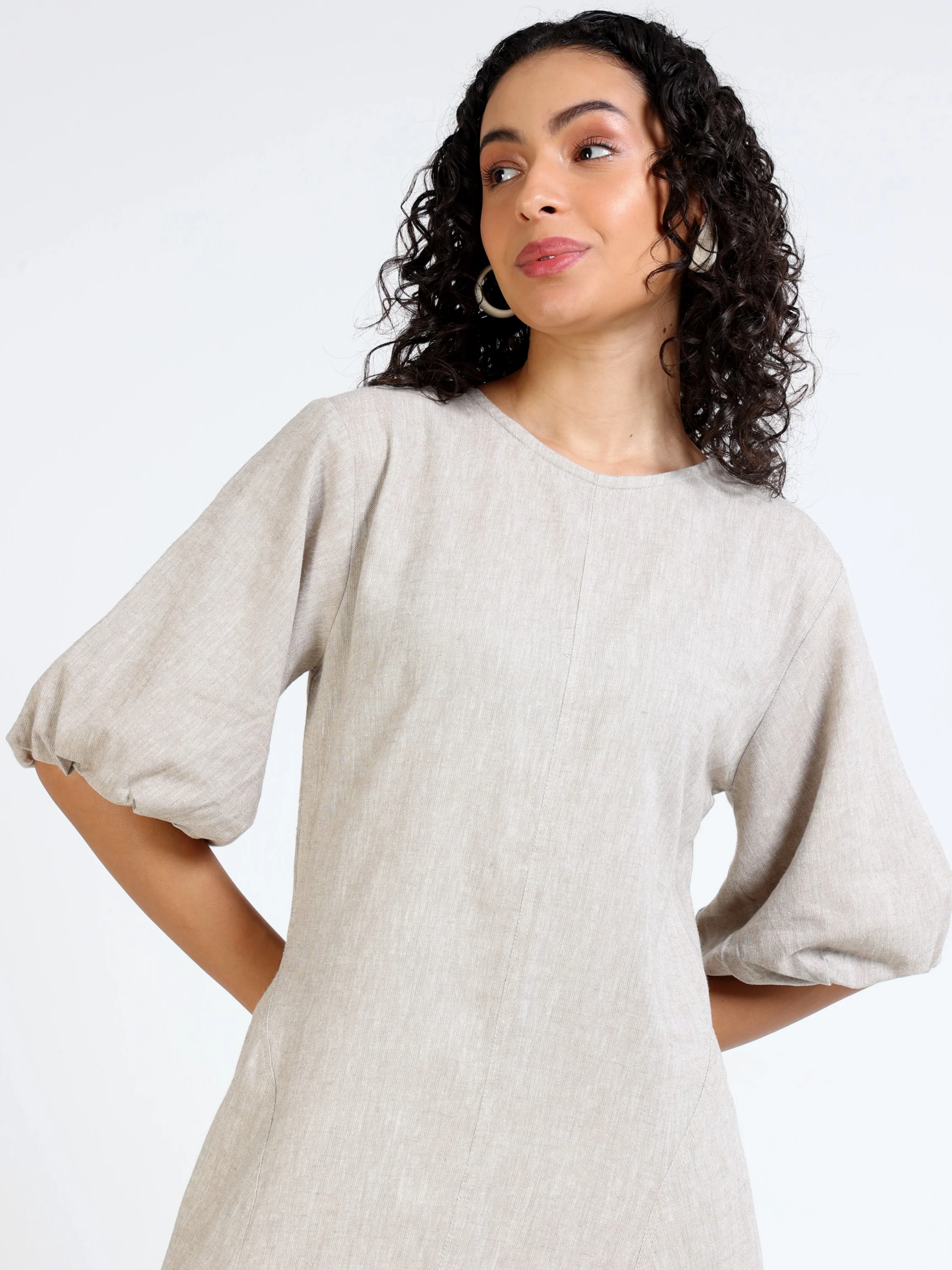 Women Beige Linen Blend Dress - Image 3