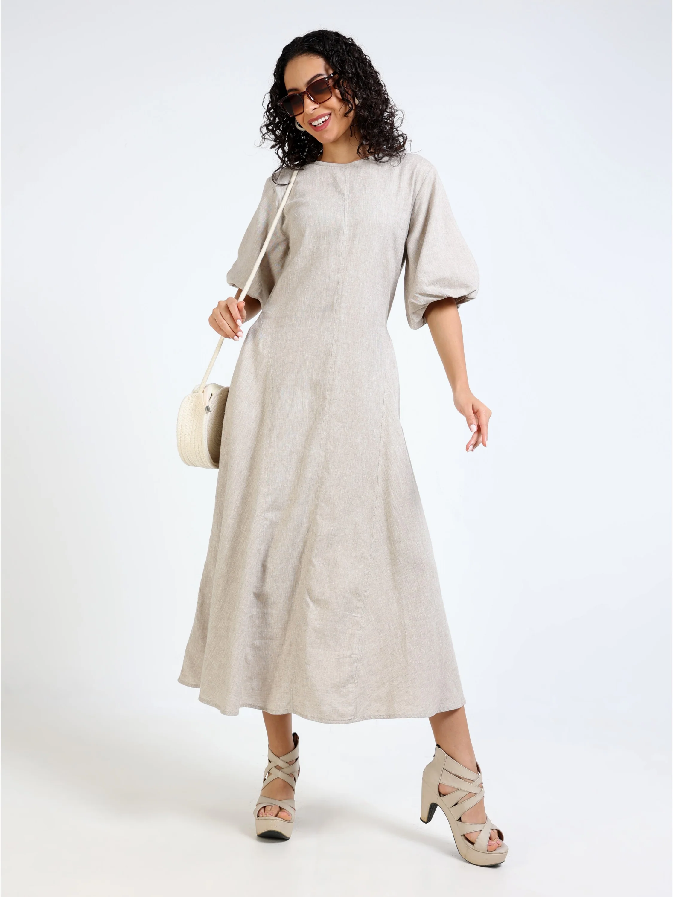 Women Beige Linen Blend Dress - Image 5