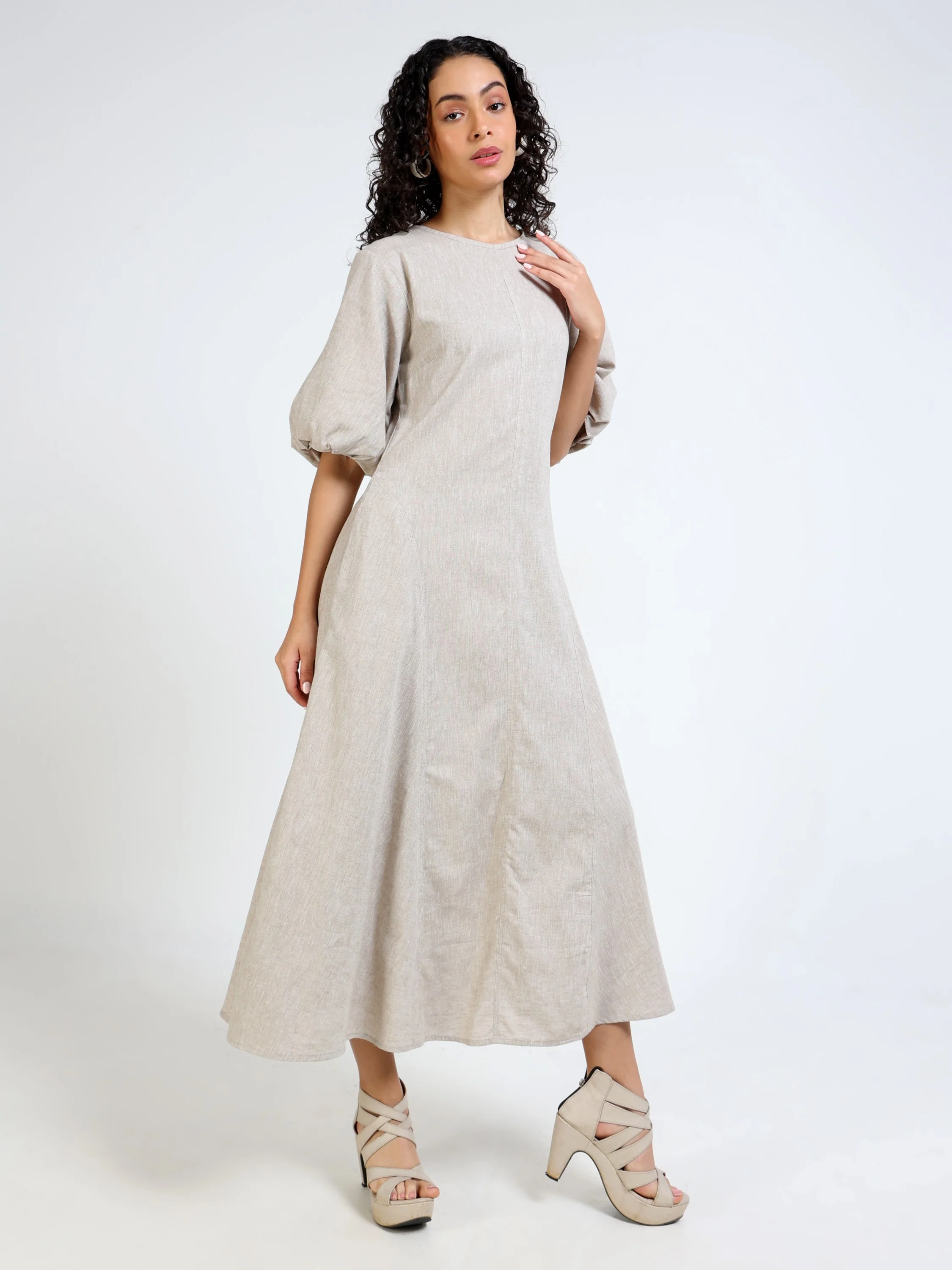 Women Beige Linen Blend Dress - Image 6