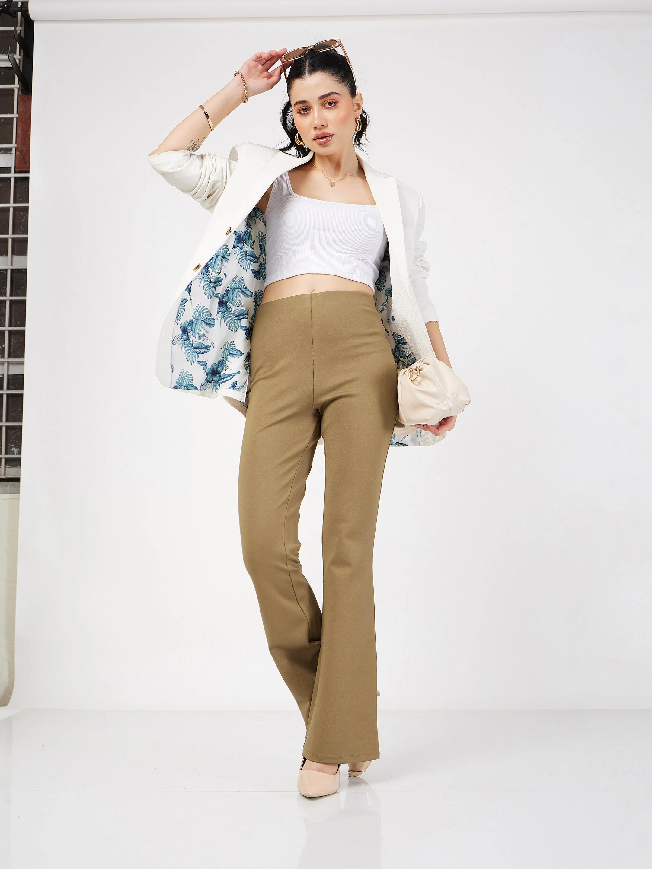 Women Beige Bell Bottom 4-Way Stretch Pants - Image 2