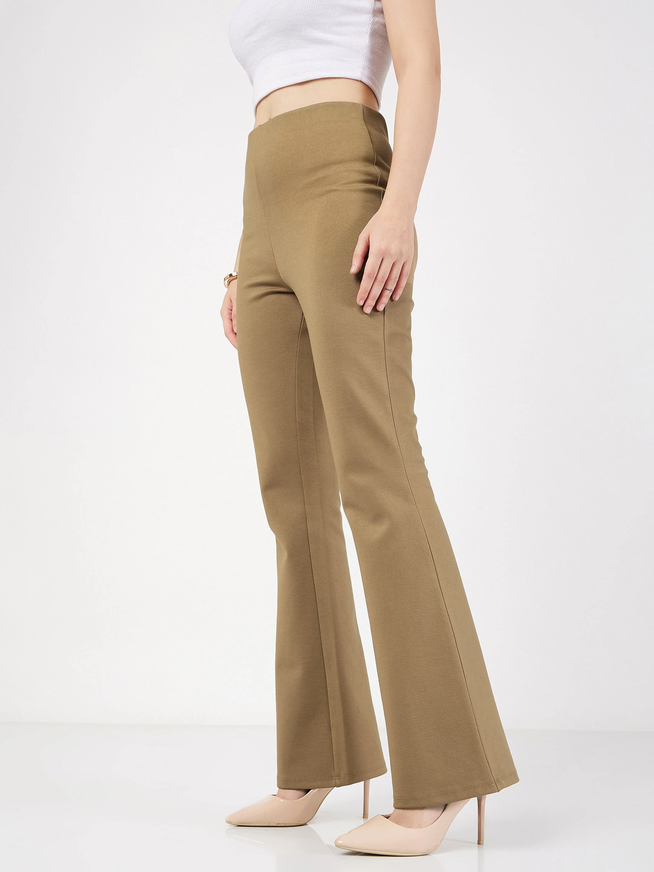 Women Beige Bell Bottom 4-Way Stretch Pants - Image 3