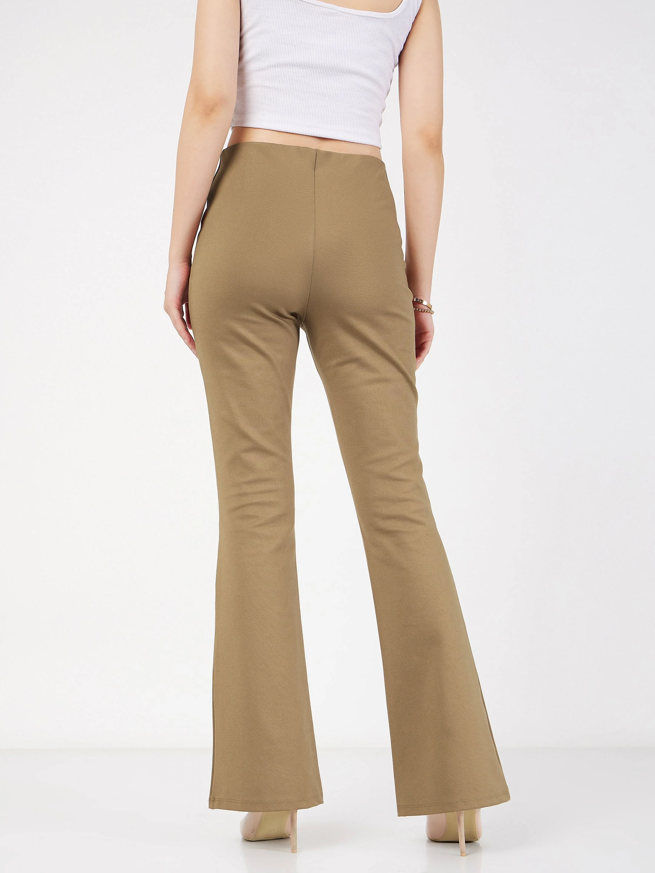 Women Beige Bell Bottom 4-Way Stretch Pants - Image 5
