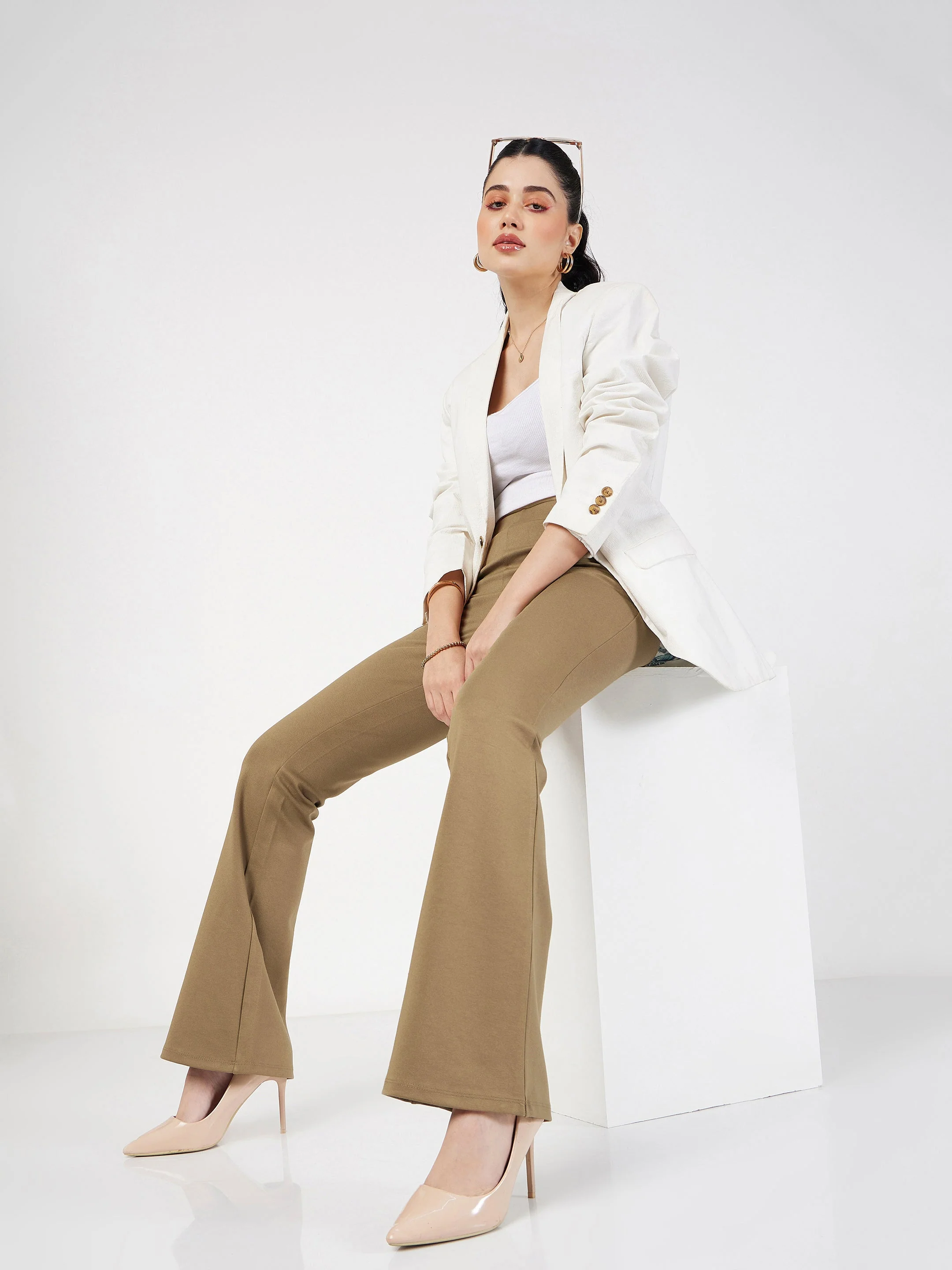 Women Beige Bell Bottom 4-Way Stretch Pants - Image 6
