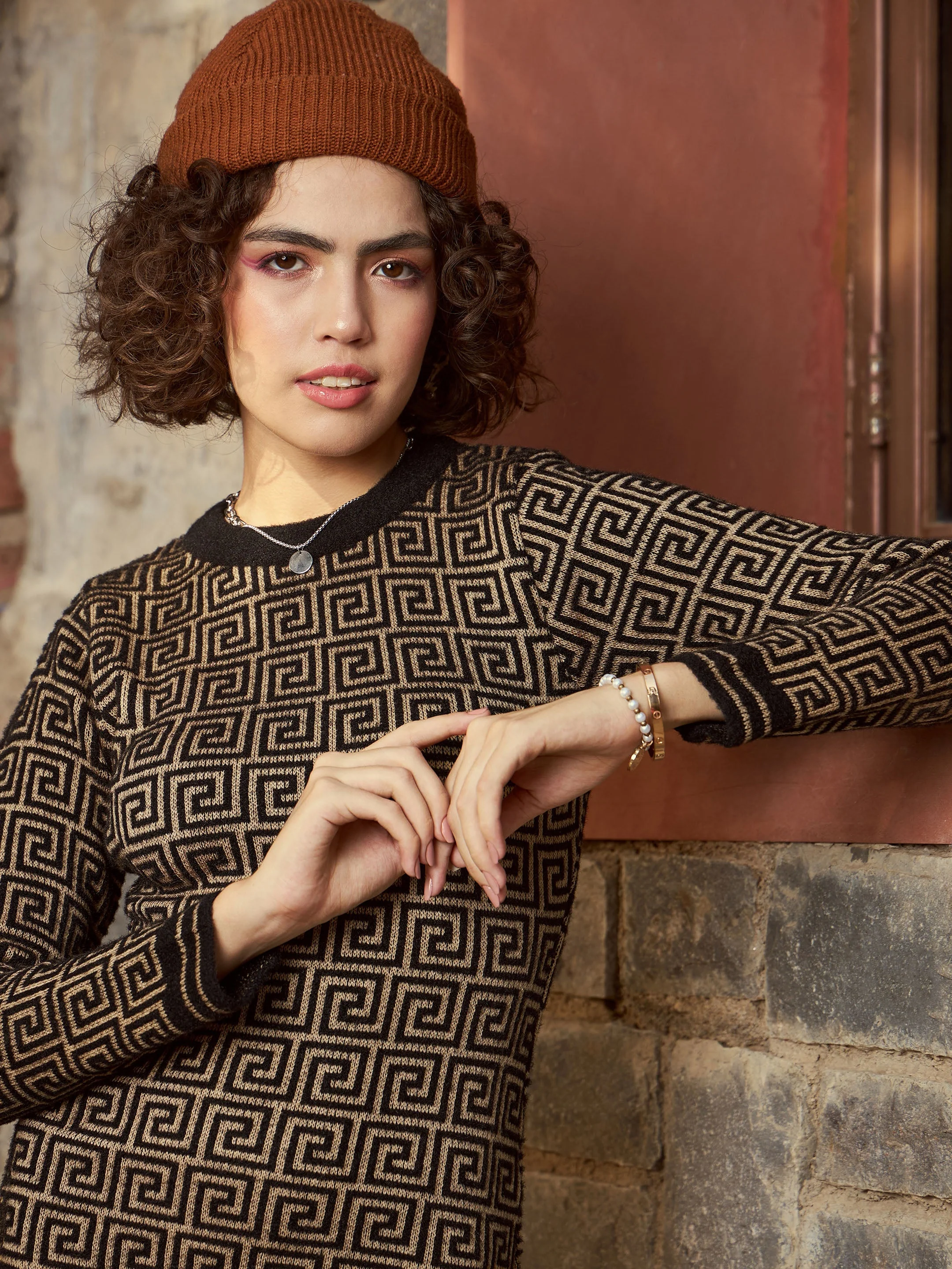 Women Beige & Black Geo Woolen Sweater Dress - Image 3