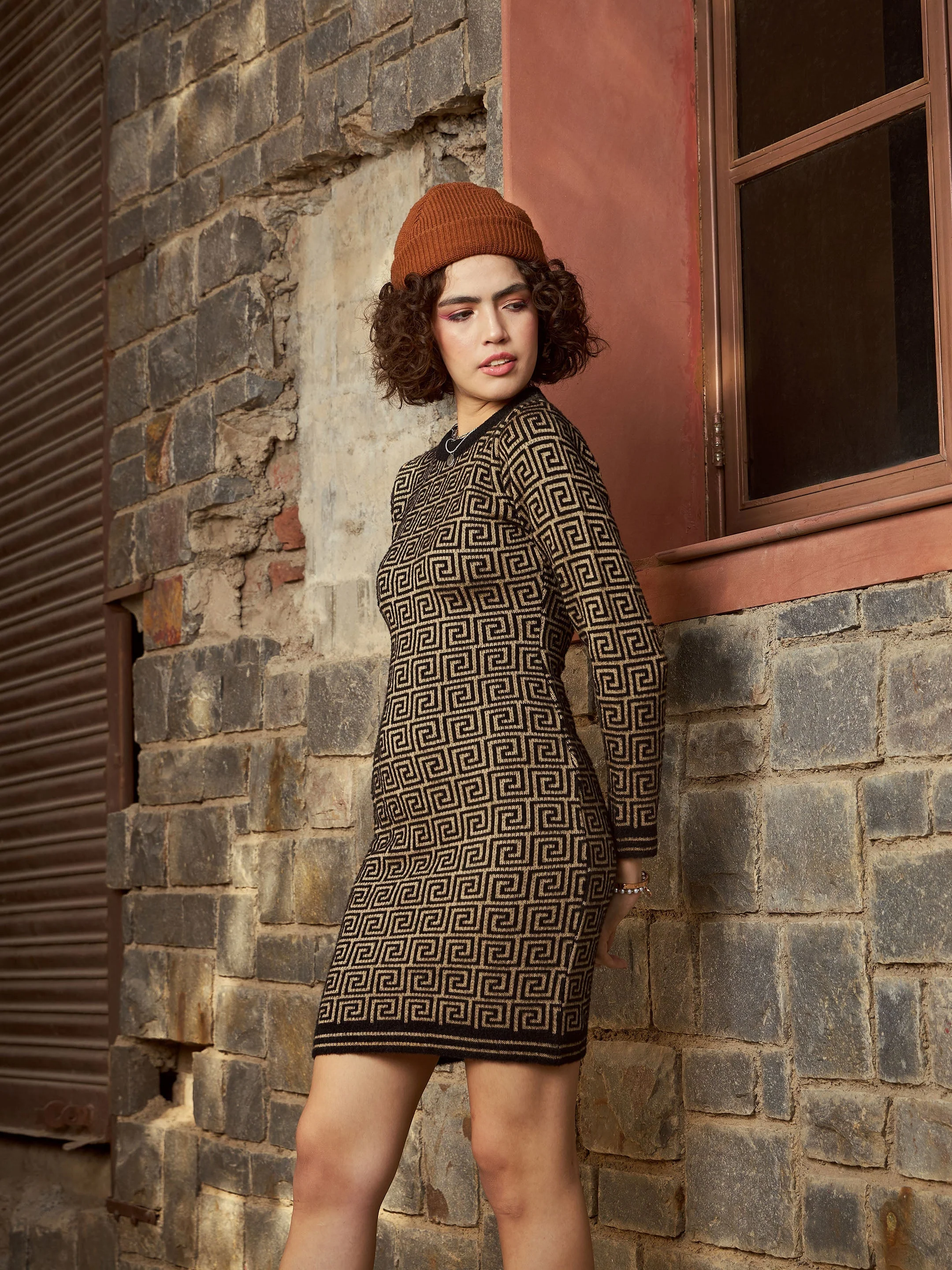 Women Beige & Black Geo Woolen Sweater Dress - Image 5