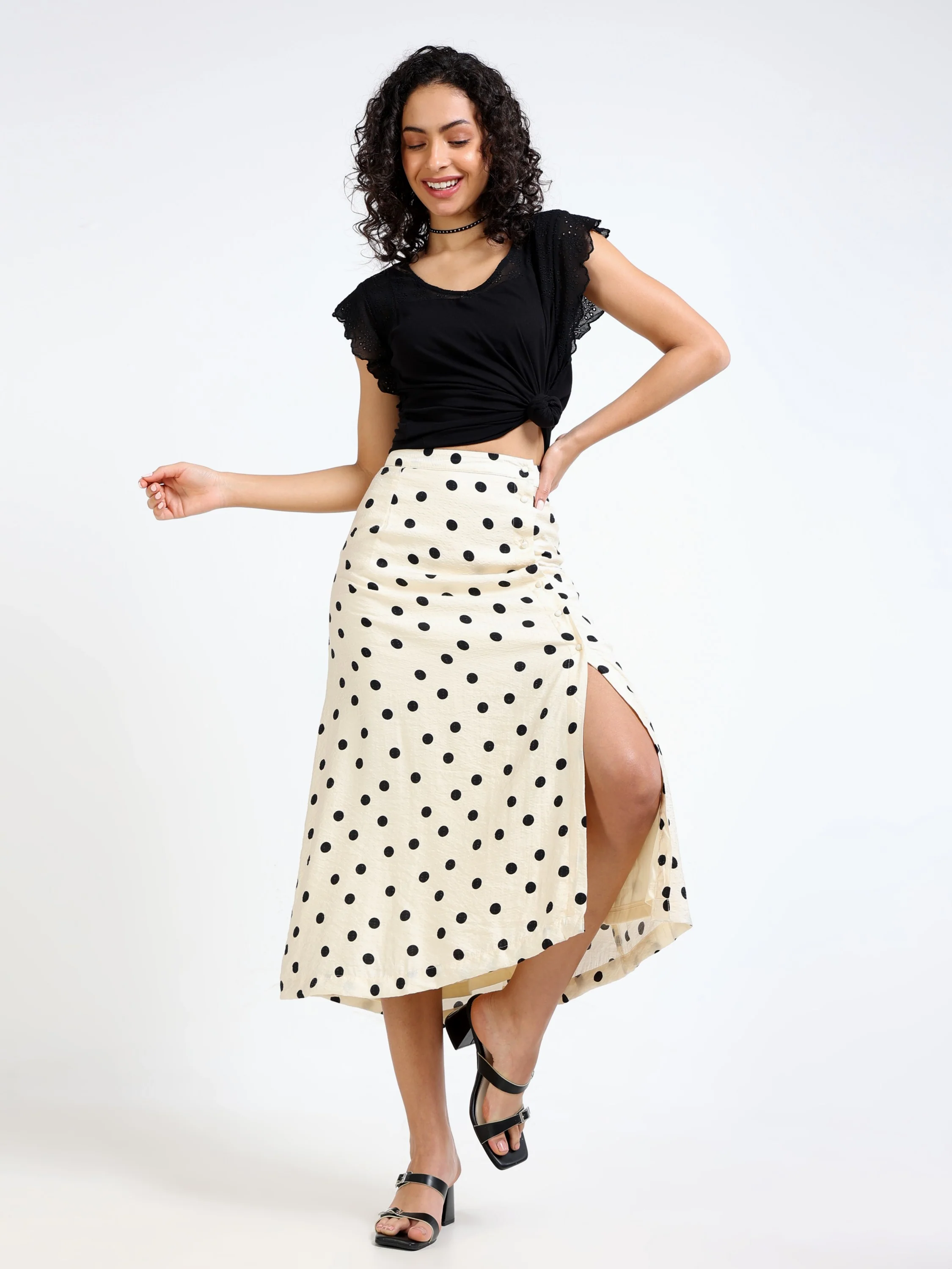 Women Polka Dot Skirt With Slit - Image 2
