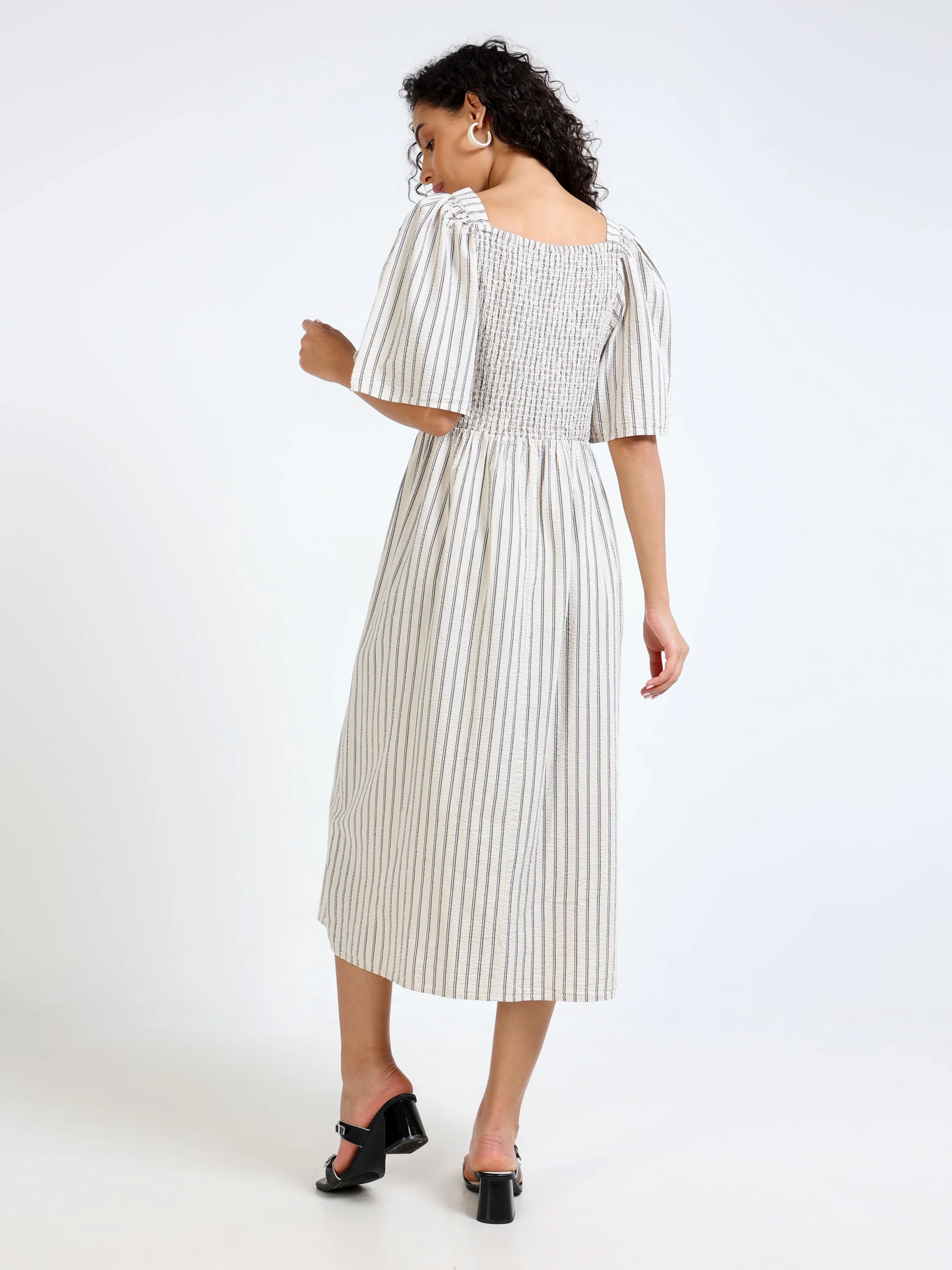 Women Beige Stripe Maxi Dress - Image 2