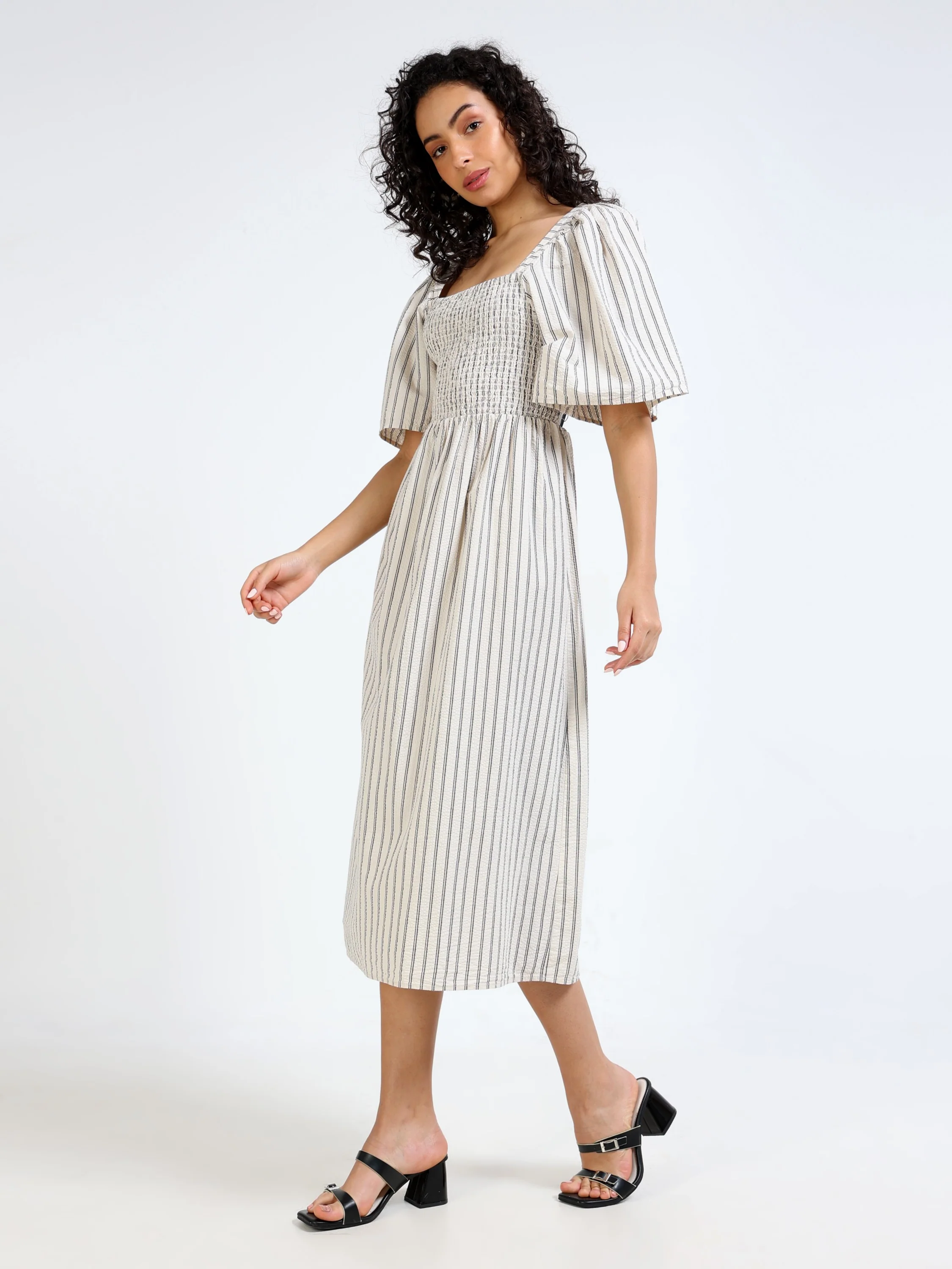 Women Beige Stripe Maxi Dress - Image 5