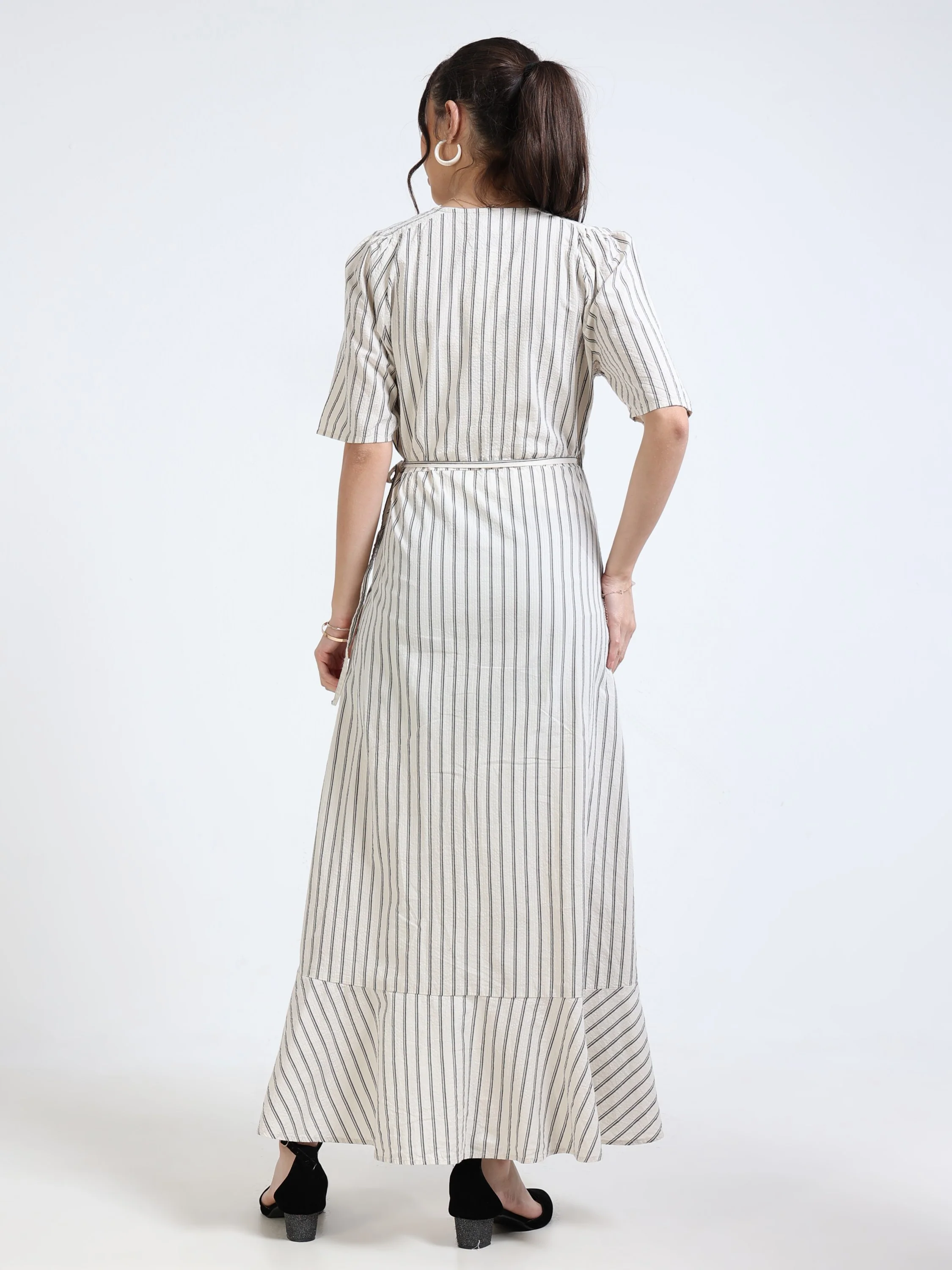 Women Beige Black Wrap Dress - Image 2
