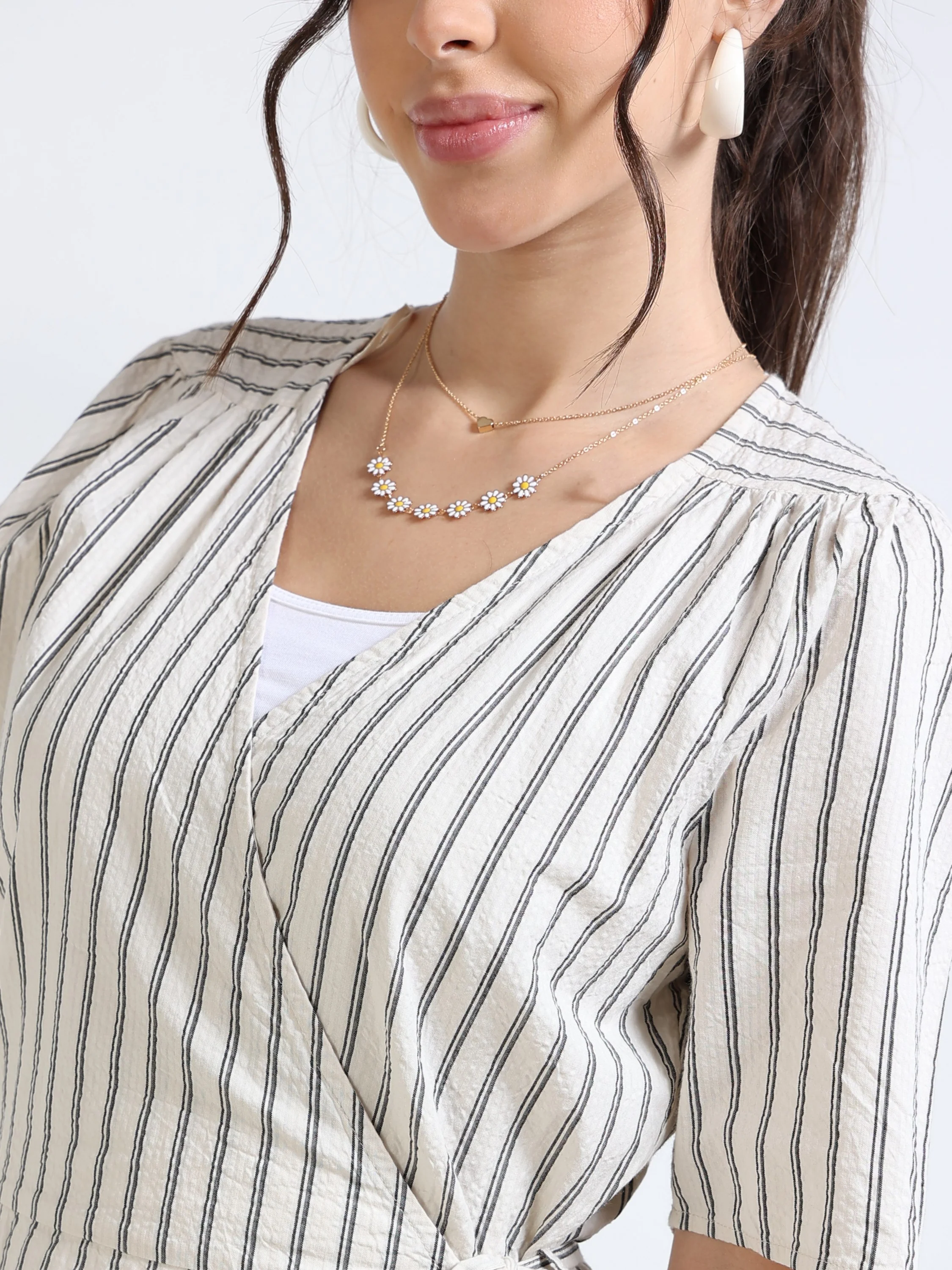 Women Beige Black Wrap Dress - Image 3